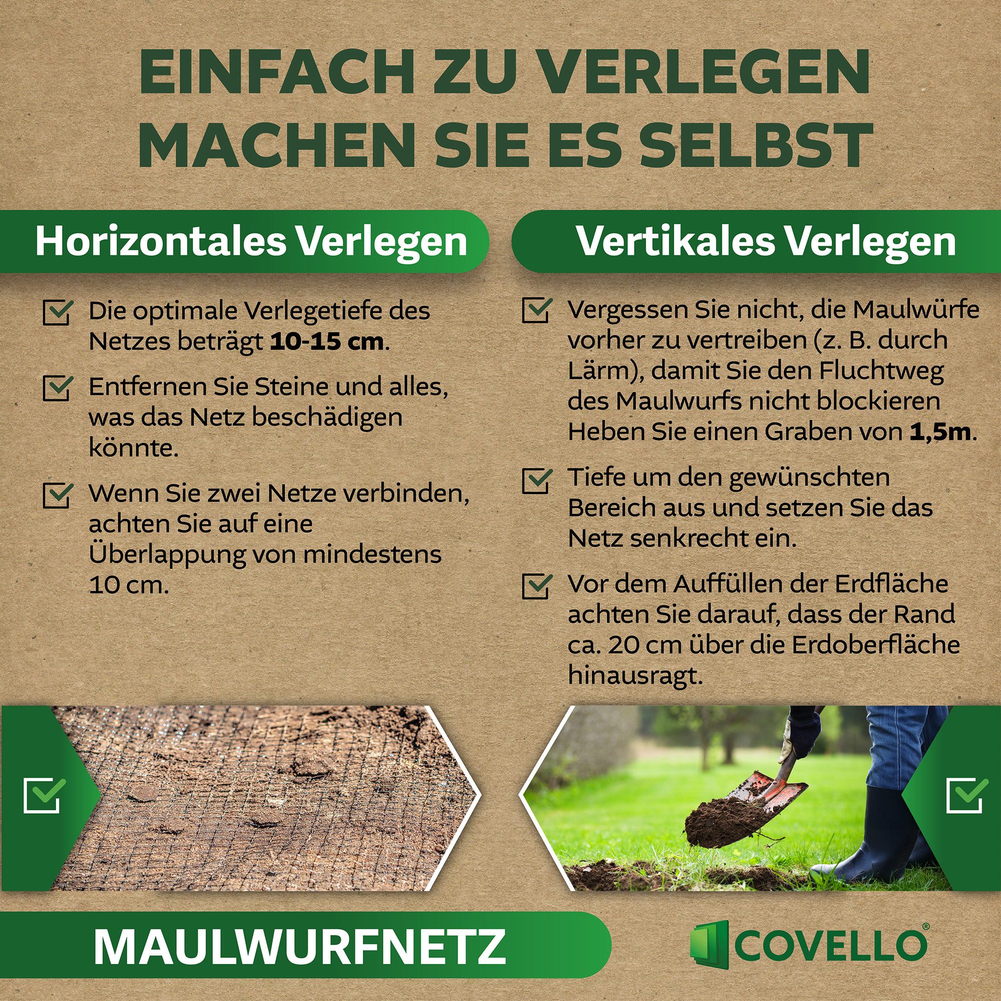 Covello Maulwurfgitter Maulwurfnetz Premium Line 35g/m² Maulwurfschutz Laubschutznetz, 5000x150x0,02 cm, 50m x 1,5m = 75m², Teichnetz Gartennetz Vogelschutznetz – Bild 4 von 5