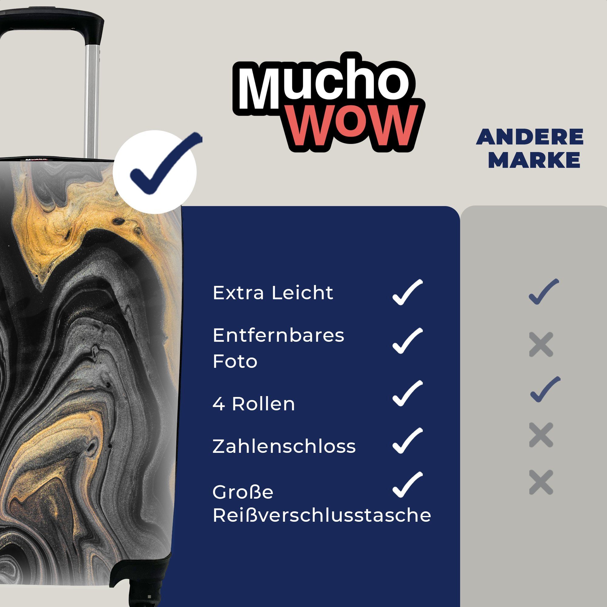 MuchoWow Handgepäckkoffer Marmor - Acryl 4 für Abstrakt, - mit Ferien, - Reisetasche - Luxus Handgepäck Rollen, Reisekoffer rollen, Gold Trolley
