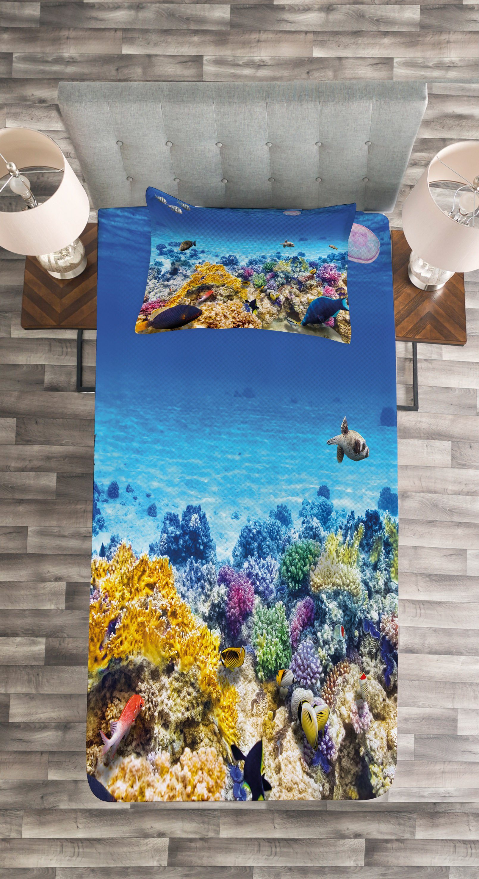 Tagesdecke Kissenbezügen Ozean mit Goldfish Abakuhaus, Set Korallen Fisch Waschbar,