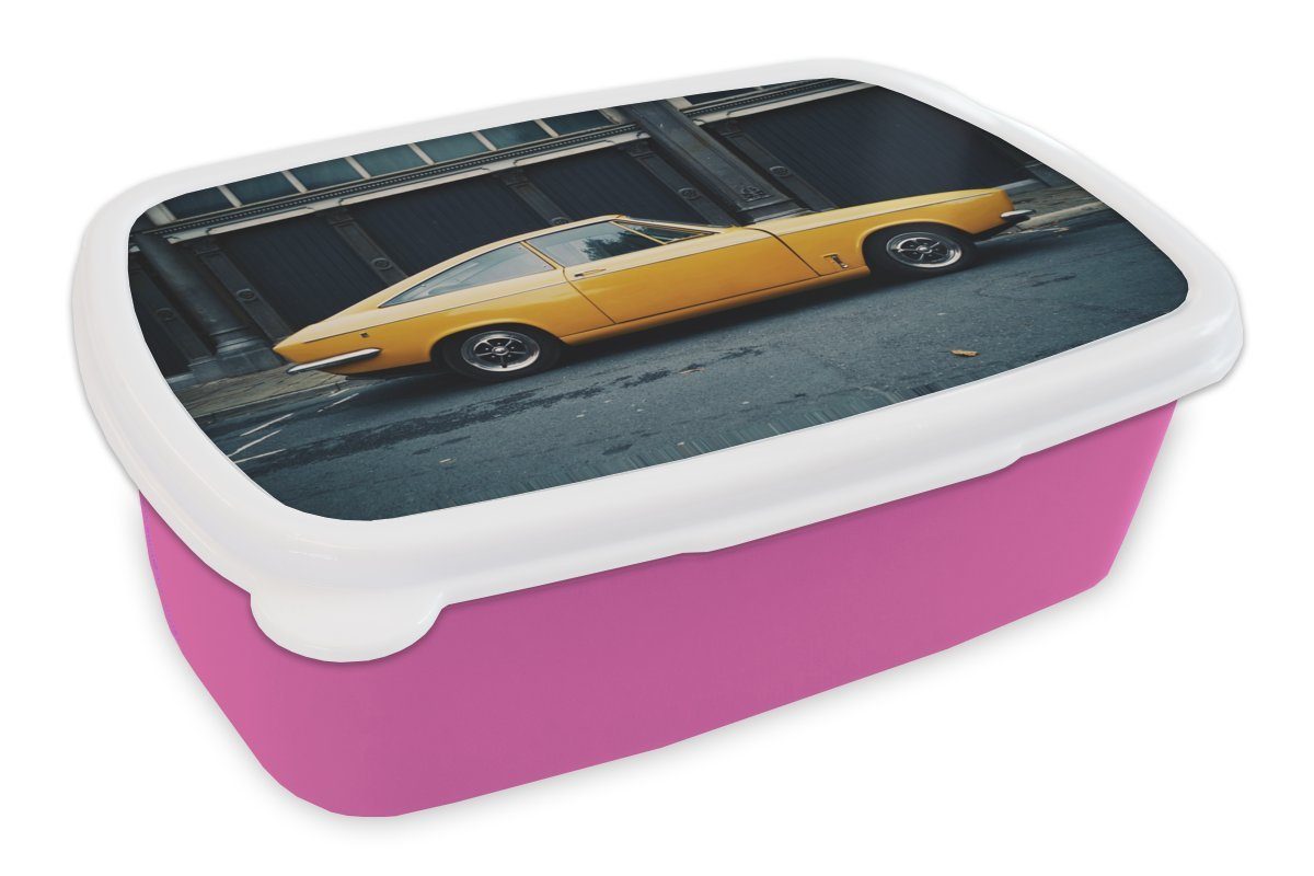 Kunststoff, - Oldtimer Lunchbox rosa Brotbox - Brotdose Erwachsene, Kinder, MuchoWow (2-tlg), Autos Gelb, für Snackbox, Mädchen, Kunststoff