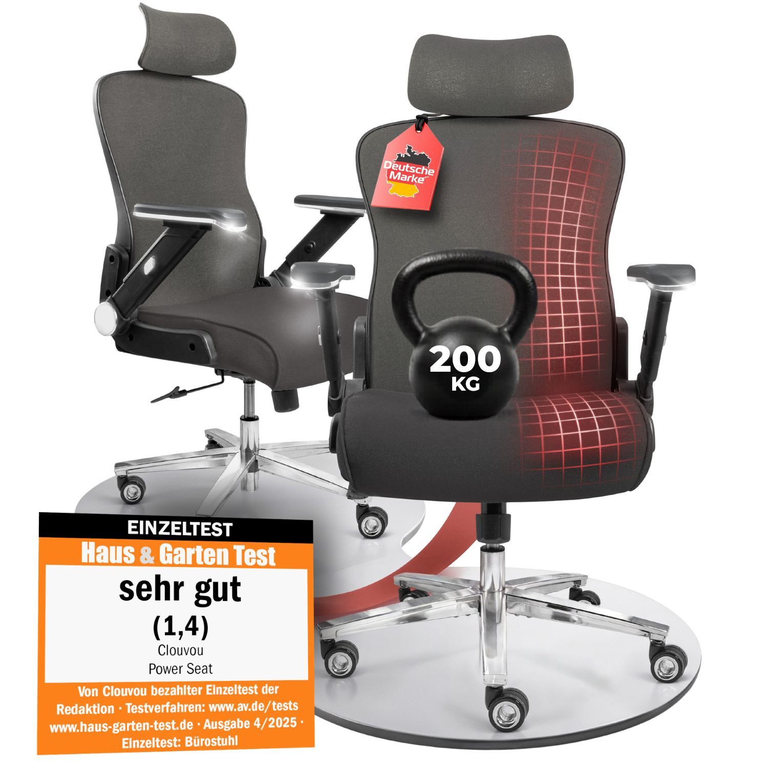 CLOUVOU Bürostuhl Ergonomisch, Schreibtischstuhl bis 150 kg - Testsieger (PowerSeat - Chefsessel für Arbeitszimmer, 5D Gaming Armlehnen), Blade Wheels, Homeoffice, Gaming Stuhl, Drehstuhl), Blade Wheels, Homeoffice, Gaming Stuhl, Drehstuhl