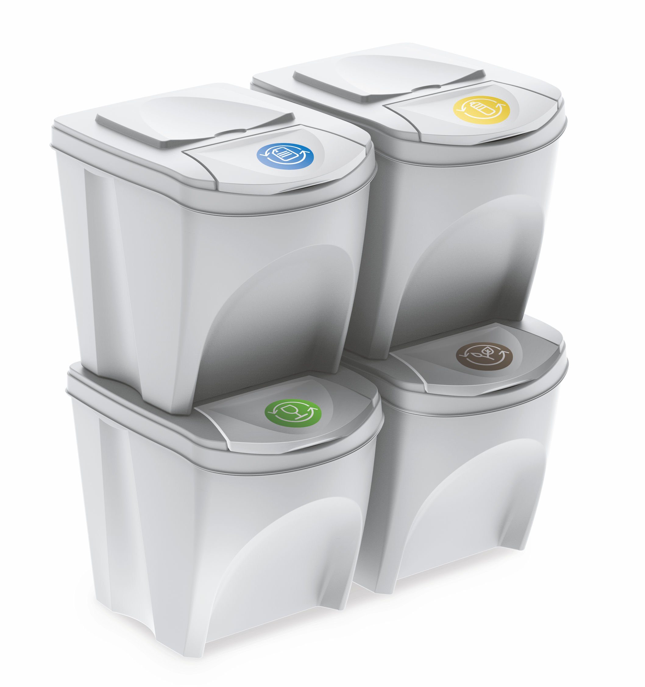 Spetebo Mülleimer Sortibox - 4er Set Mülleimer mit 25 L weiß, Stapelbares Müll Trennsystem