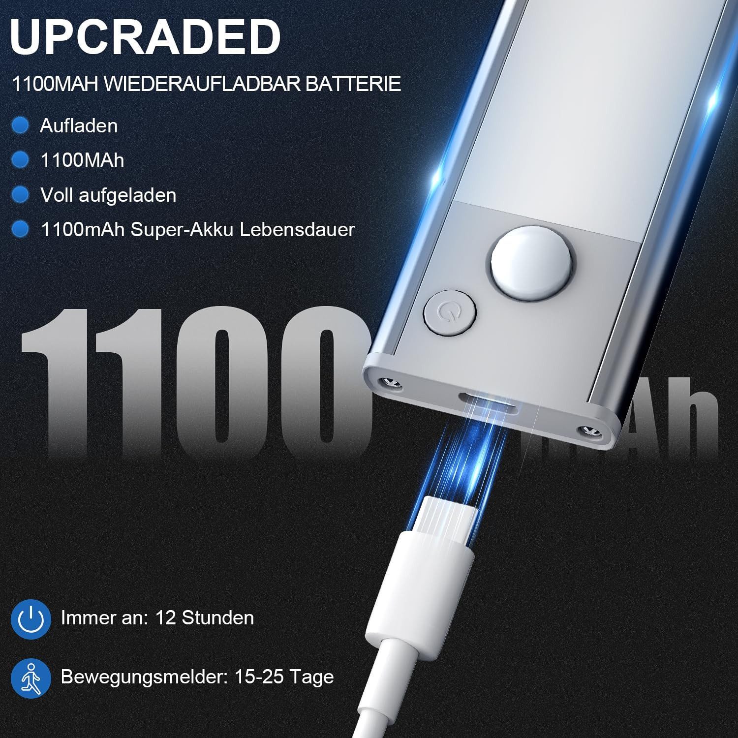 Athlix LED Unterbauleuchte LED Unterbauleuchte LED Unterbauleuchte kabellos, wiederaufladbar, LED fest integriert, USB wiederaufladbar, 3 Farbtemperaturen, Nach – Bild 4 von 5