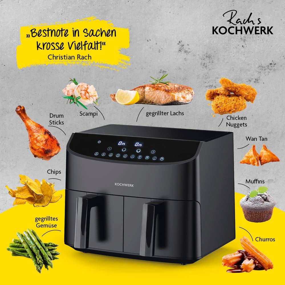 Rachs KOCHWERK Heißluftfritteuse Doppelkammer 7L digitaler Airfryer mit Touch, 2400 W, 10 Programme & 2 3,5L Kammern, Smart-Cook Funktion