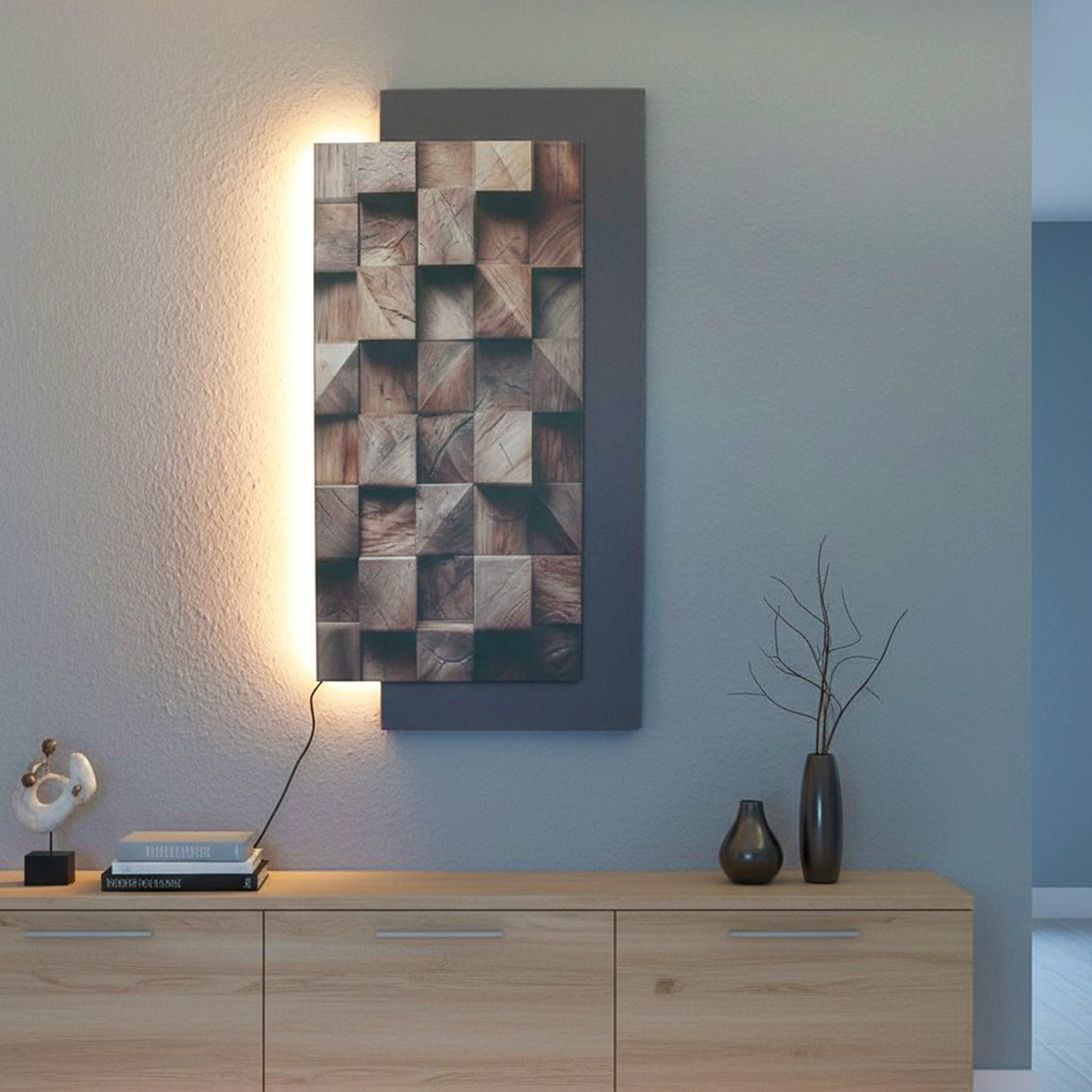 Arnusa Wandbild Wanddekoration mit Beleuchtung 100x50 cm, Holz, Wohnzimmerdeko LED Bild warmweiß Holzoptik