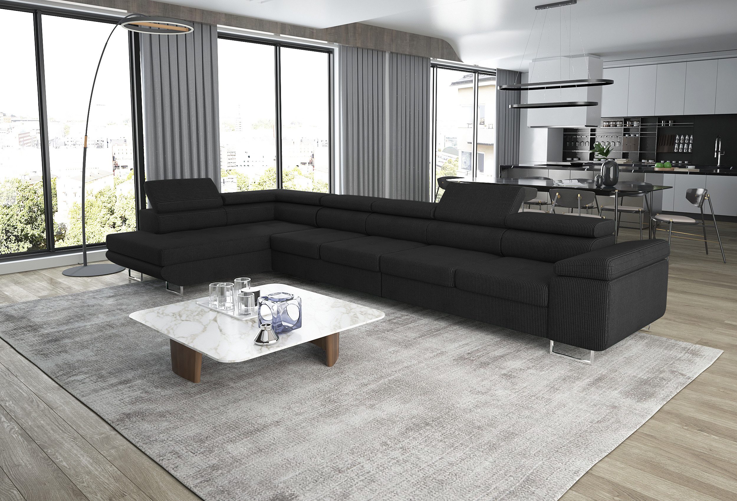 thematys Ecksofa ASTON MAXI 405 x 203cm mit Schlaffunktion & Bettkasten –, L-Sofa mit 5 verstellbaren Kopfstützen, Samt (Monolith), Cord (Poso) - L-Form, XL-Wohnlandschaft, 405 cm breit