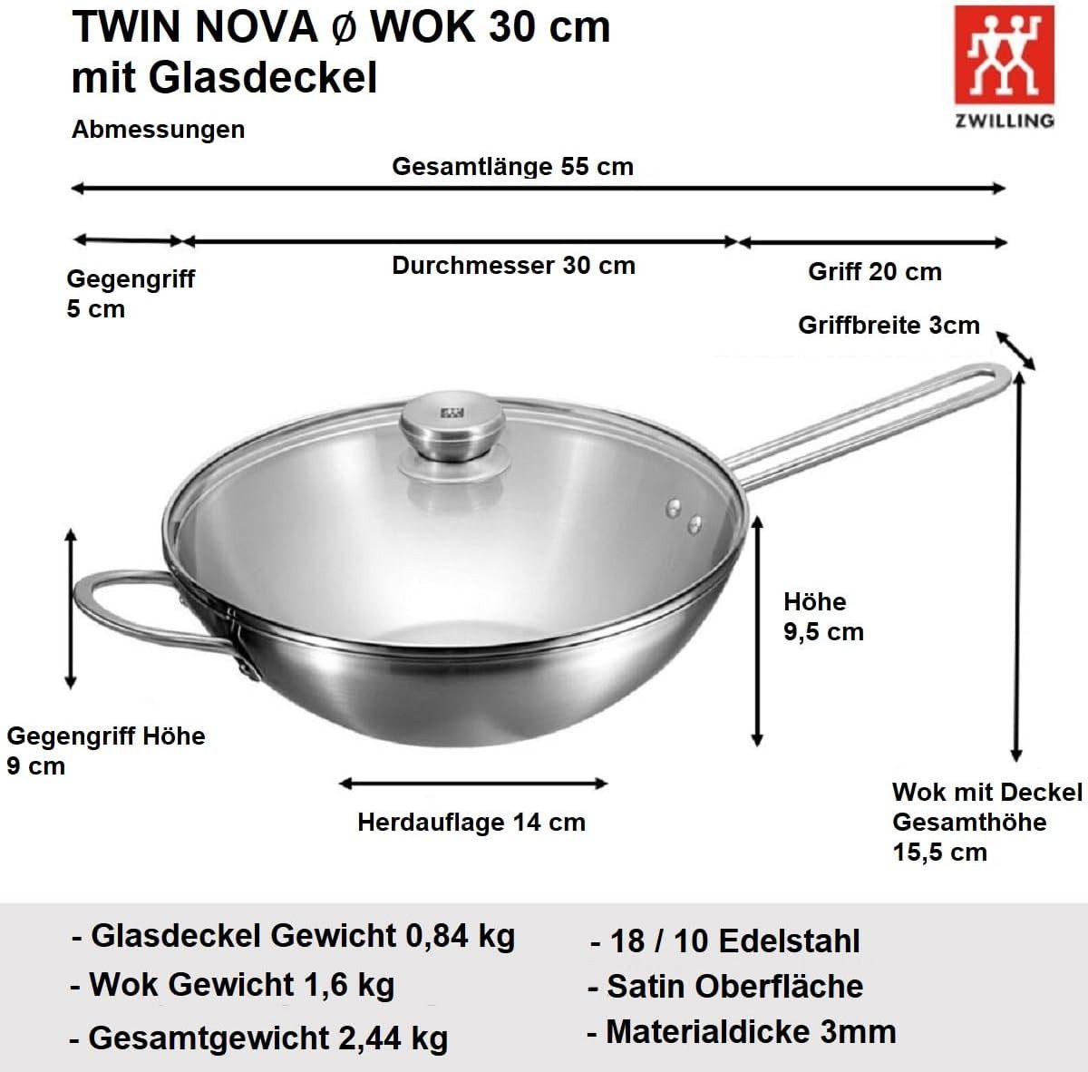 Zwilling Wok Pfanne 39cm mit Glasdeckel + Chinesisches Kochmesser 18cm, Edelstahl, für alle Herdarten, massiver Boden, 3tlg.