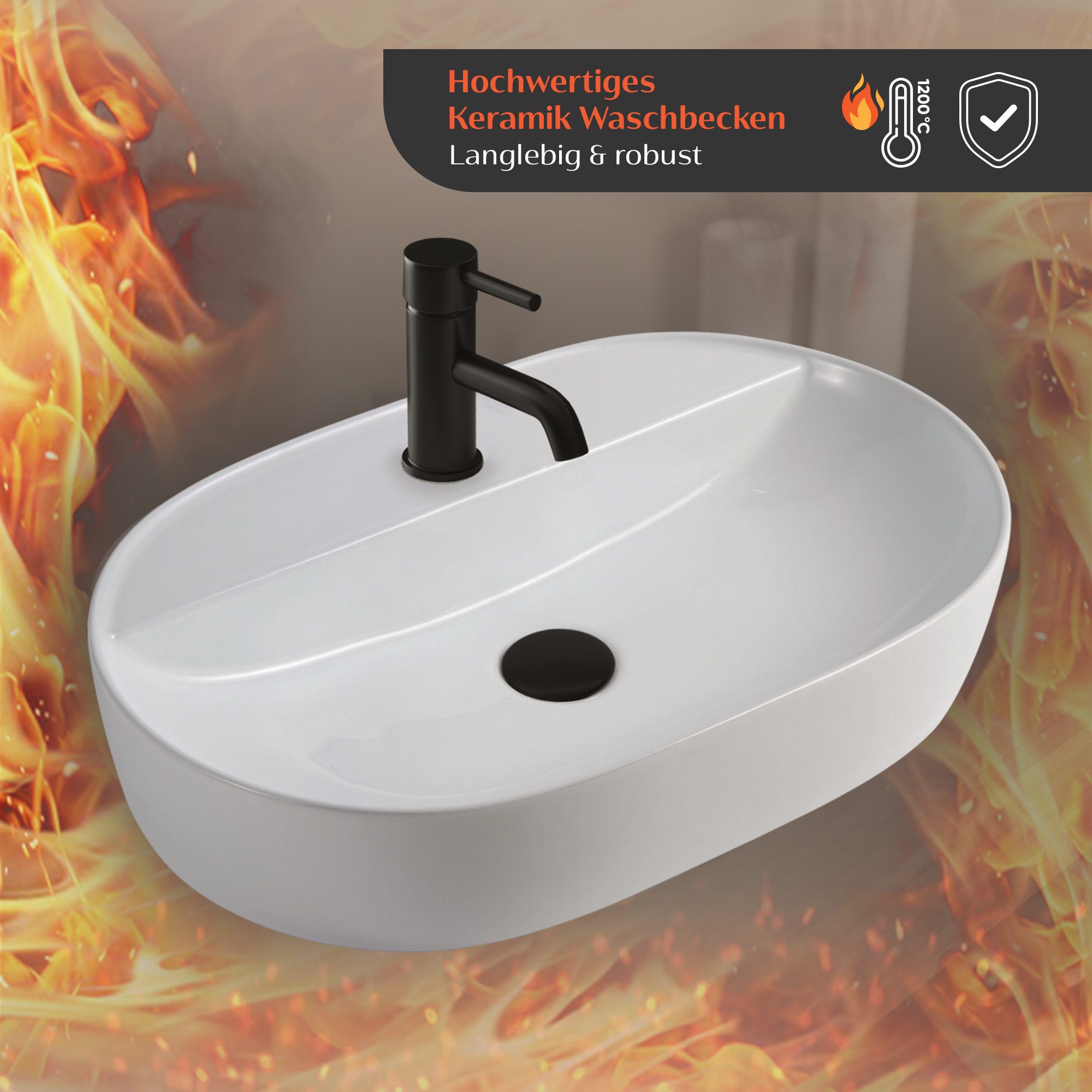 Alpenberger Aufsatzwaschbecken Bad Waschbecken Gäste WC Handwaschbecken Waschschüssel für Waschplätze (Gästewaschbecken Pflegeleicht, Waschbecken 60 cm Breit), Aufsatzwaschbecken mit Hahnloch mit Nano