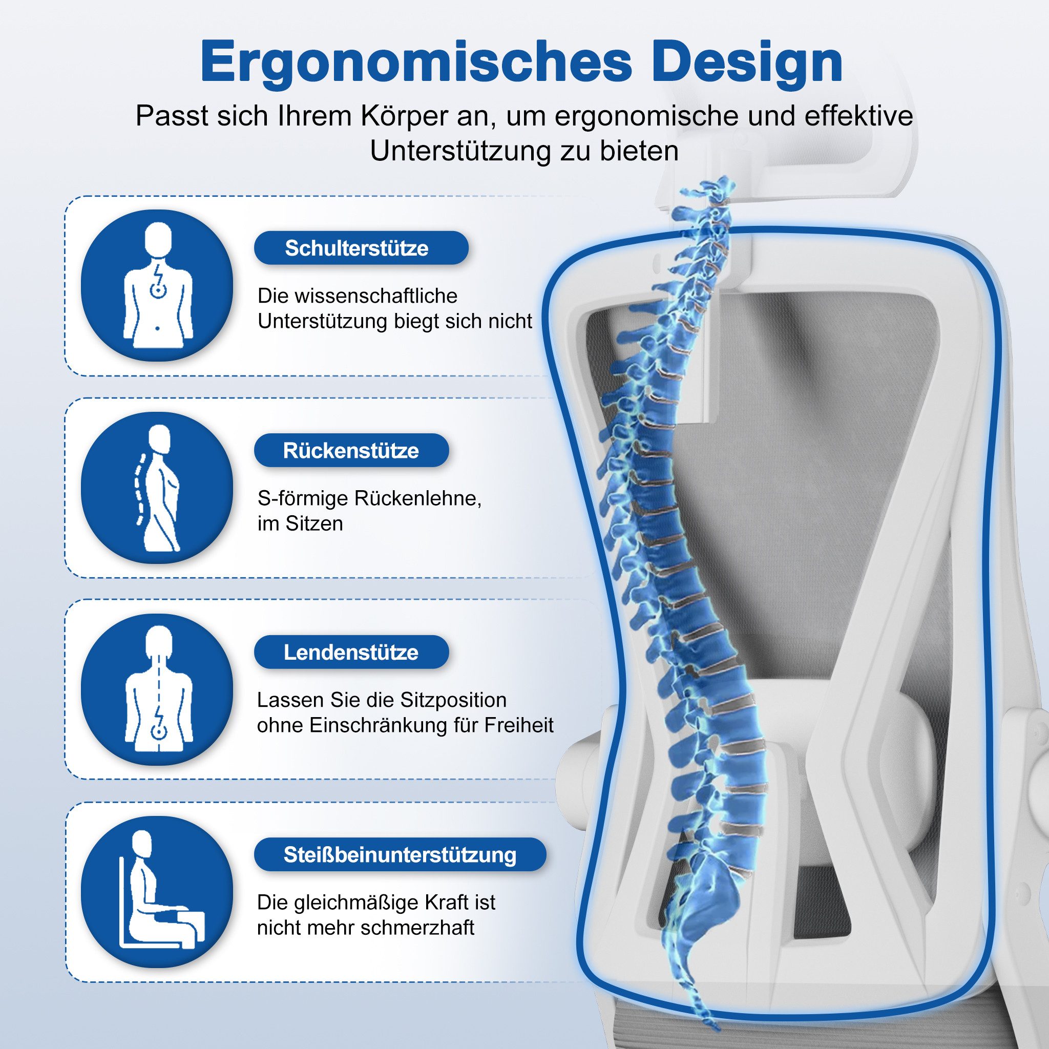 Adormii Bürostuhl Ergonomischer Bürostuhl mit klappbaren Armlehnen und Rückenlehnen (Drehstuhl mit Drehbare, höhenverstellbarer Kopfstütze, geräuscharme Rollen, 90°-135° Wippfunktion Bürostuhl, belastbar bis 150kg, Netz atmungsaktiv, Chefsessel), Leise Rollen, getestet und garantiert für 2-Jahre