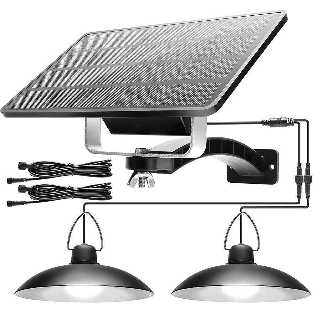 Rosnek Außen-Deckenleuchte 1/2/3/4 Kopf, Solar-Pendelleuchten, für Shop Hof Garage Veranda, 1 Solarmodul mit 2 Lampen, LED-Schuppen-Leuchten, IP65 wasserdicht