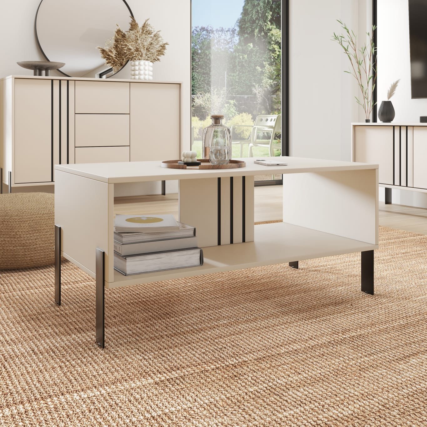 MOEBLO Couchtisch ELMSTEDT (Kaschmir & Artisan, Laminat & Metallfüße, modernes Design, dekorative Leisten, Wohnzimmertisch, Beistelltisch, Sofatisch, Kaffeetisch, Coffee table), Kompakte Maße: 100 x 47 x 55 cm