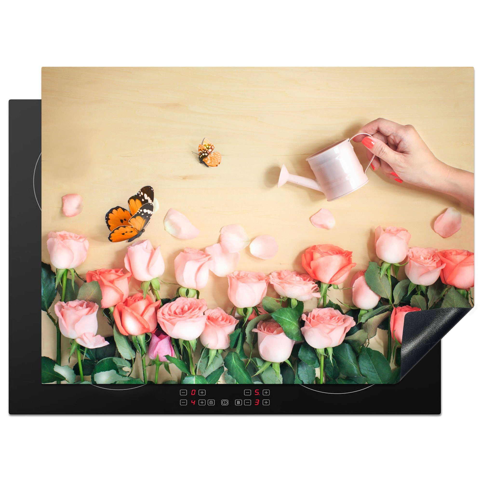Ceranfeldabdeckung Blumen cm, - (1 Vinyl, MuchoWow küche, Schutz 71x52 Gießkanne, die - Induktionskochfeld für Rosen Herdblende-/Abdeckplatte tlg),