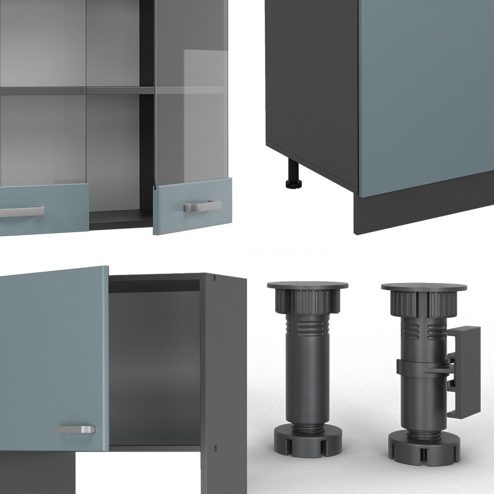 Vicco Küchenzeile R-Line, Blau-Grau/Anthrazit, 300cm mit Hochschrank ohne Arbeitsplatte
