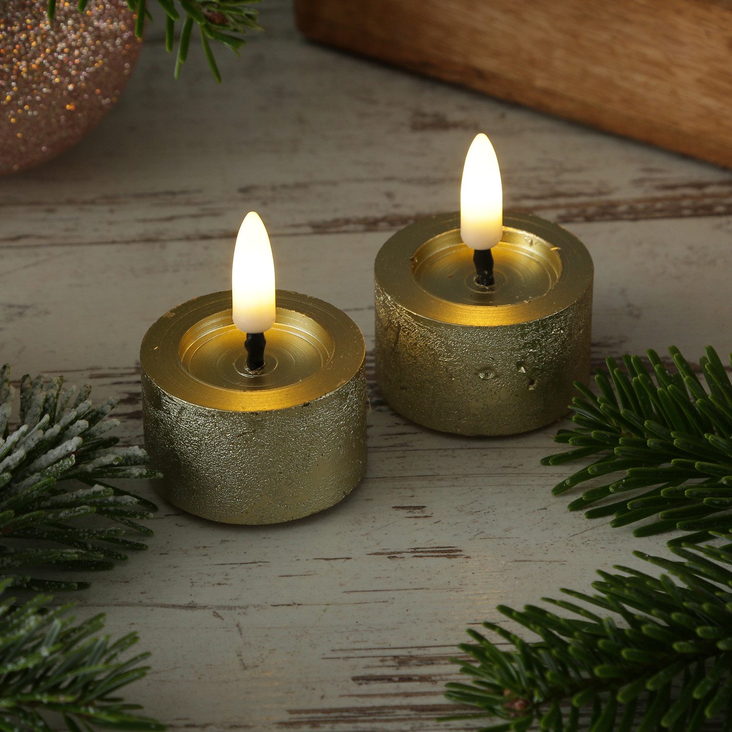 MARELIDA LED-Kerze LED Teelichter Lina Rustik Optik mit Batterien Echtwachs 4,4cm 2Stück (2-tlg)