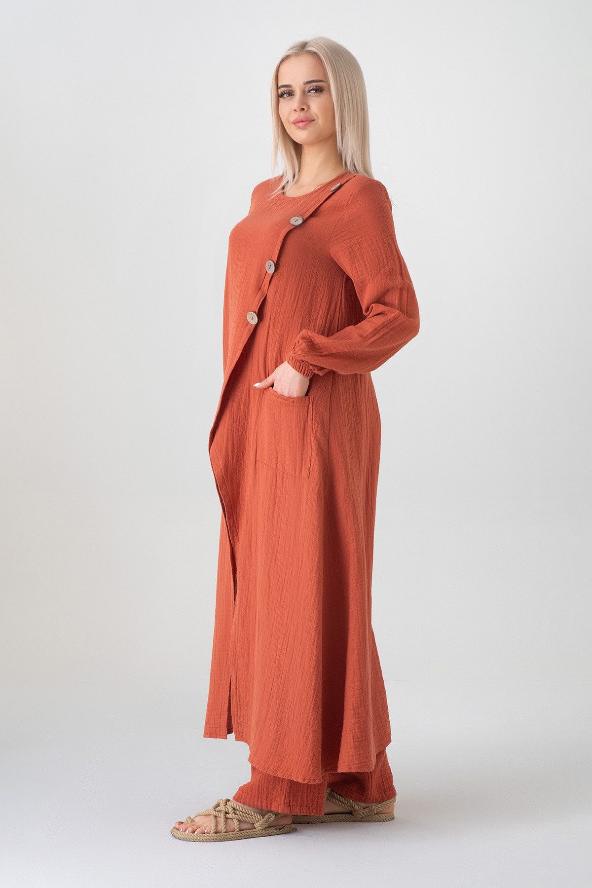 WENOR Longtunika Musselin mit Frontschlitz, Knopfdetail, 100 % Baumwolle, 130 cm Frontschlitz, asymmetrisches Knopfdesign, extra lang