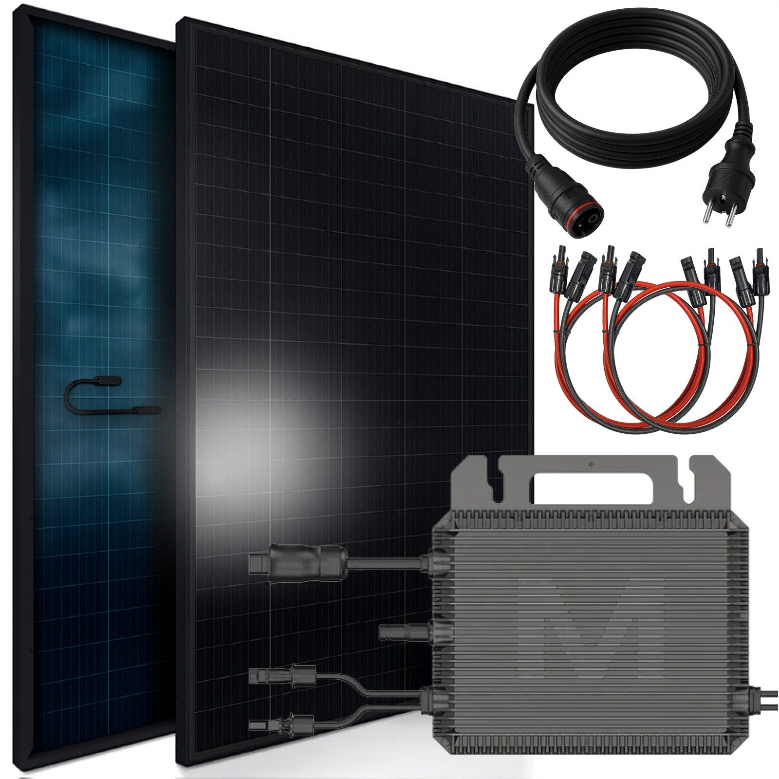 SUNNIVA Balkonkraftwerk 920W BIFAZIAL FULLBLACK, (komplett Steckdose MARSTEK 800 Watt Wechselrichter, PV Solaranlage Komplettset, 2x460W N-Type Glas-Glas Bifacial Solarmodule, 5m Kabel, 4x1m Solarkabel)