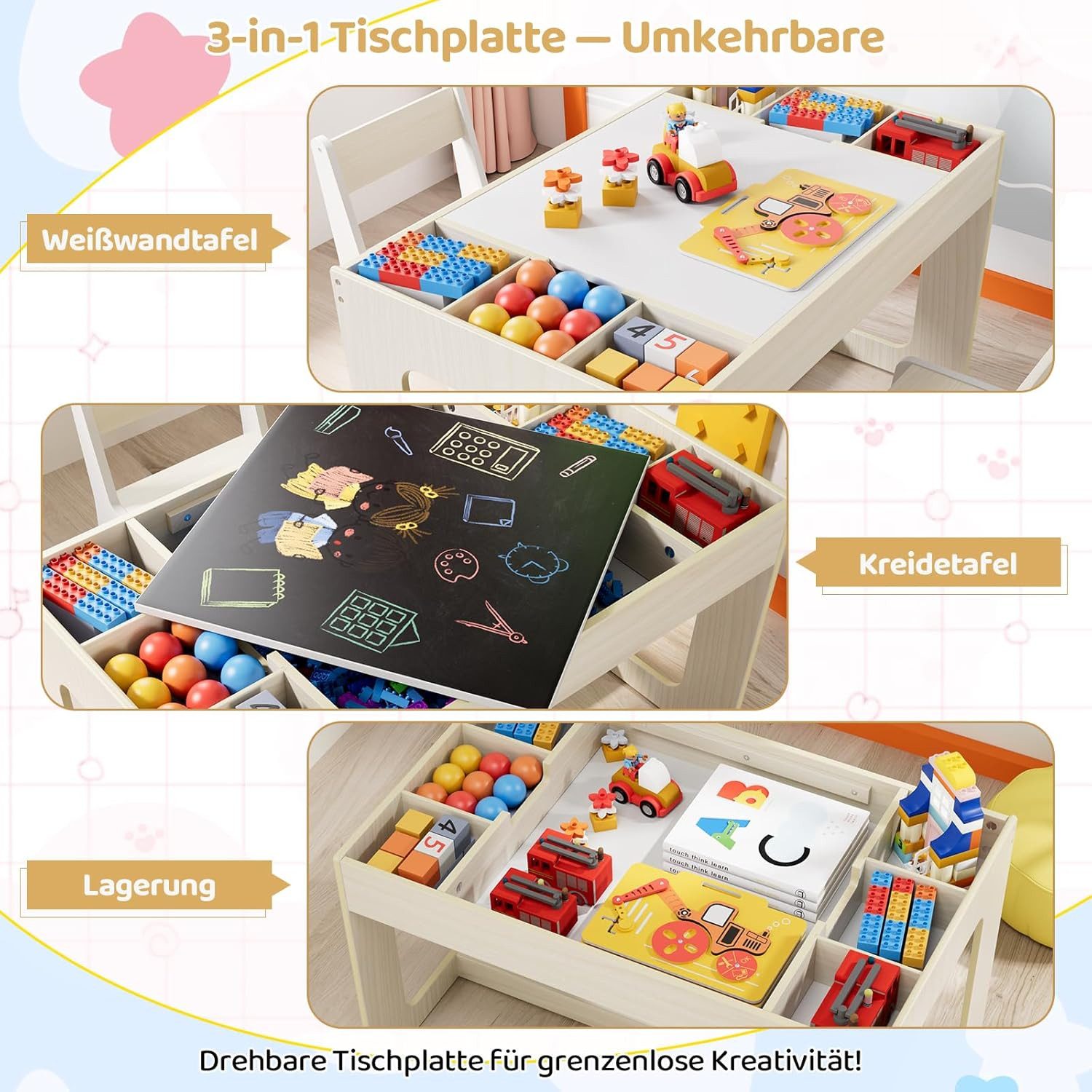 TLGREEN Kindertisch mit 2 Stühlen, Kindersitzgruppe (Kinder Tisch Stuhl Set mit wendbarer Tischplatte, 80 x 48 x 48 cm), Kinderschreibtisch für Schule, Kindertagesstätte, Kinderzimmer
