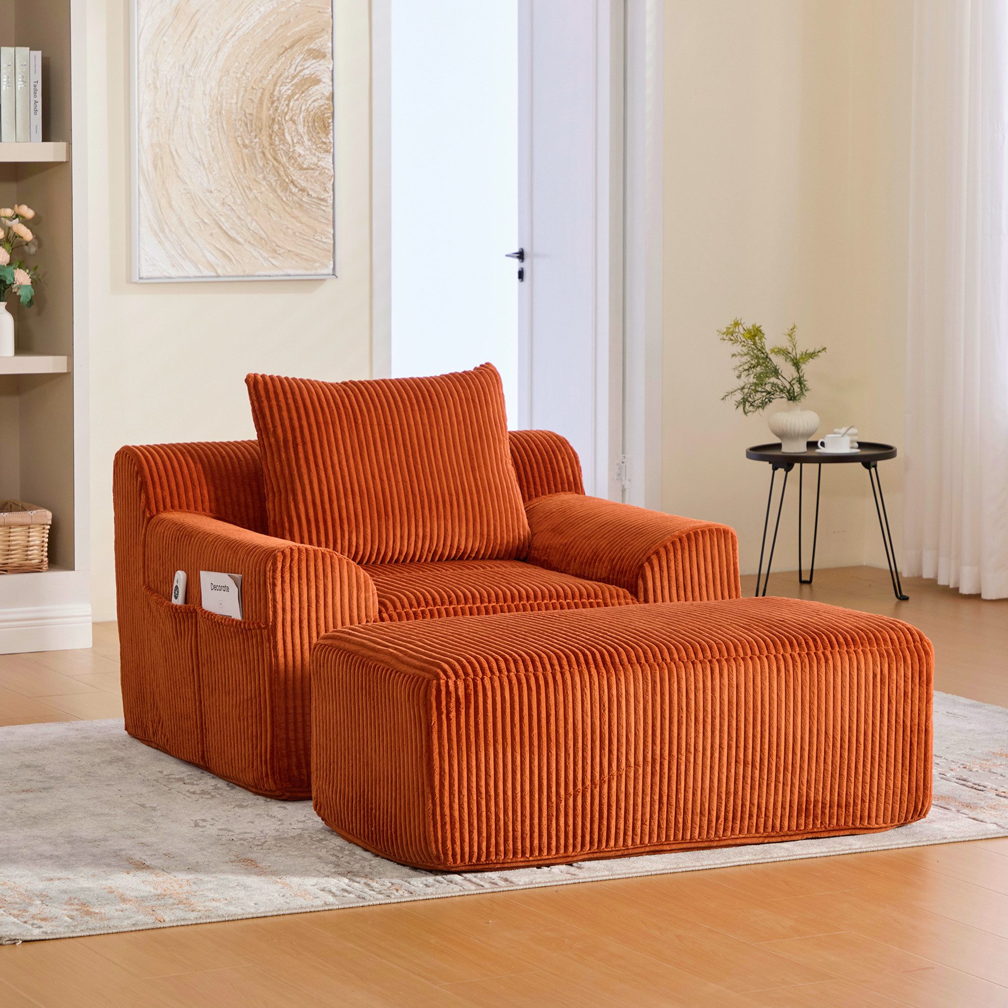 OKWISH Loungesessel Freizeitstuhl Polsterstuhl (mit Fußpedal Stauraumseitentaschen & hochelastischem Sitzkissen, tiefer Komfortsessel, Gewicht Kapazität 300KG)