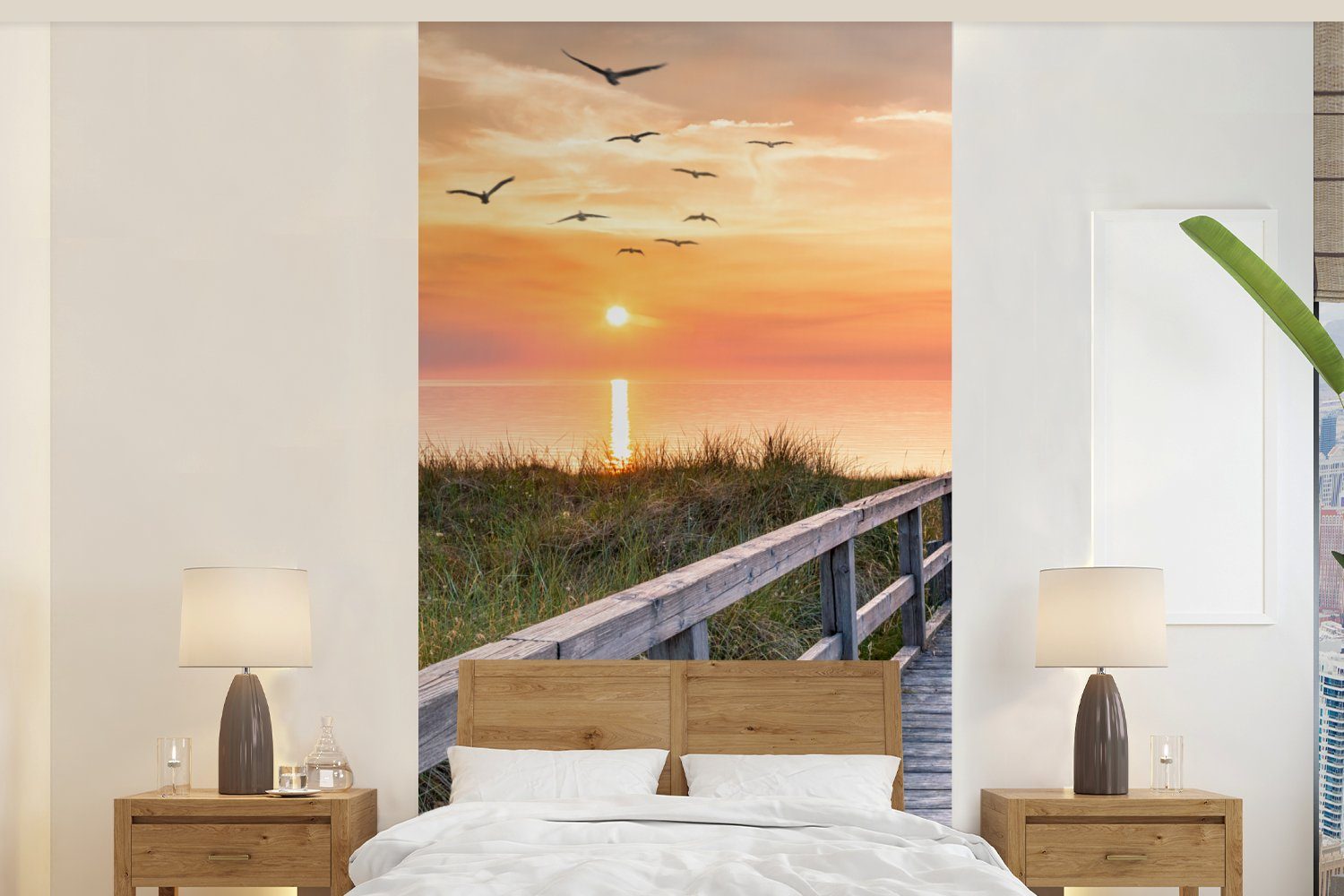 MuchoWow Fototapete Sonnenuntergang - Meer - Weg - Gras - Düne - Vögel, Matt, bedruckt, (2 St), Vliestapete für Wohnzimmer Schlafzimmer Küche, Fototapete | Fototapeten