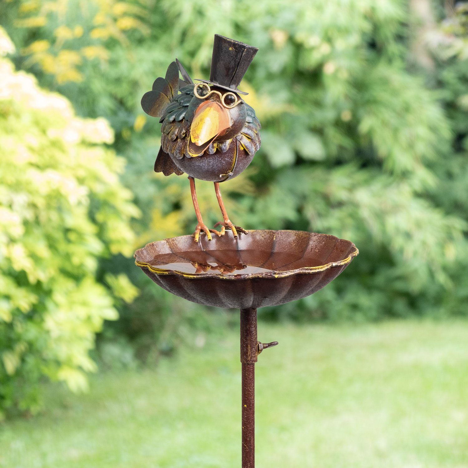 Moritz Gartenstecker Dekostab mit Rabe Gartedekoration Metall Zylinder Erdspieß Vogeltränke Gartenstab Gartenfigur