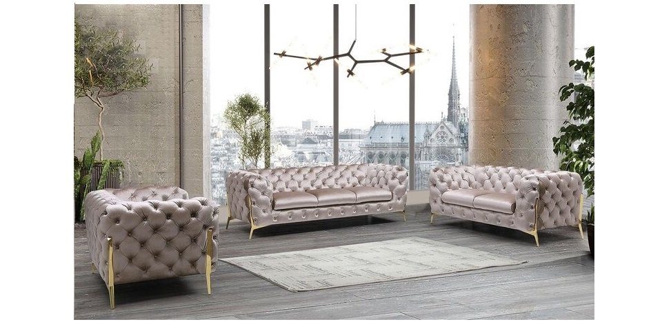 S-Style Мебель Polstergarnitur Chesterfield Ashley Polstergarnitur 3+2+1 mit Goldene Metall Füßen, (1x 3-Sitzer-Sofa, 1x 2-Sitzer-Sofa, 1x Кресла), mit Wellenfederung