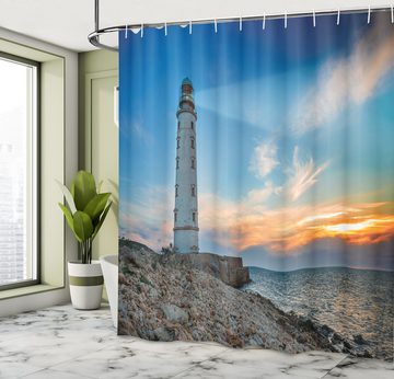 Abakuhaus Duschvorhang Moderner Digitaldruck mit 12 Haken auf Stoff Wasser Resistent Breite 175 cm, Höhe 180 cm, maritim Leuchtturm am Sonnenuntergang Meer