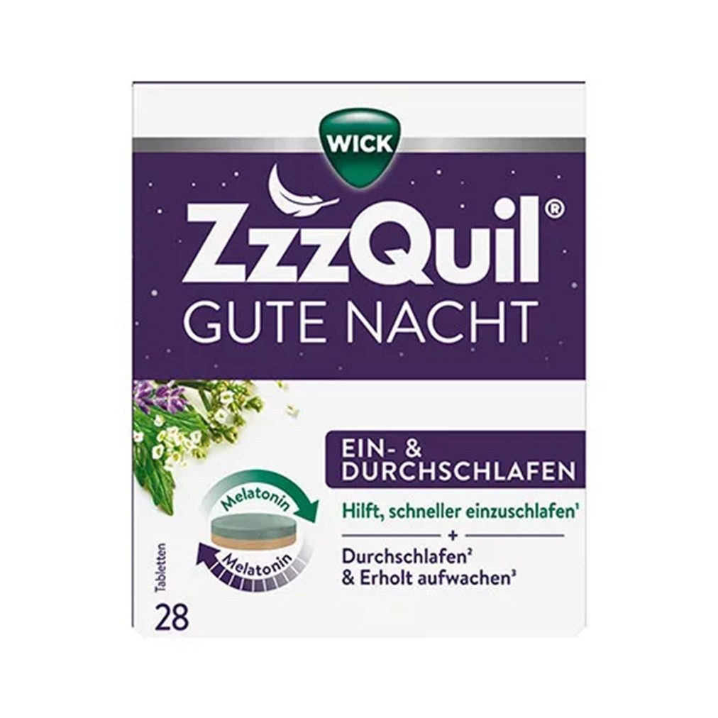 WICK ZzzQuil Gute Nacht Ein- und Durchschlafen Tabletten, 28 St., 20 g, Mit Melatonin und pflanzlichen Extrakten
