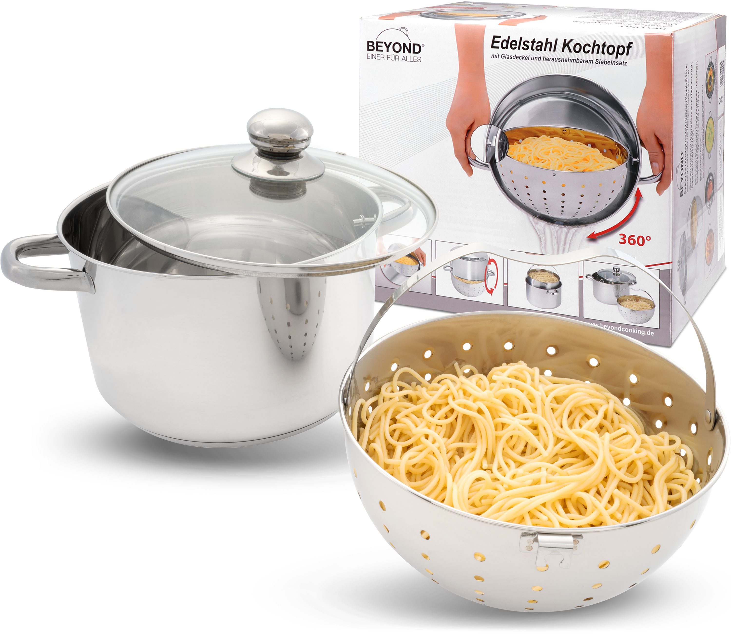 BEYOND Topf-Set, Edelstahl 18/8 (Set, 3-tlg., 1 Kochtopf mit Glasdeckel Ø 24 cm, 1 Siebeinsatz Ø 21,5 cm), Kochen,Braten,Schmoren,Backen,Dünsten,Dämpfen,Blanchieren,Induktion