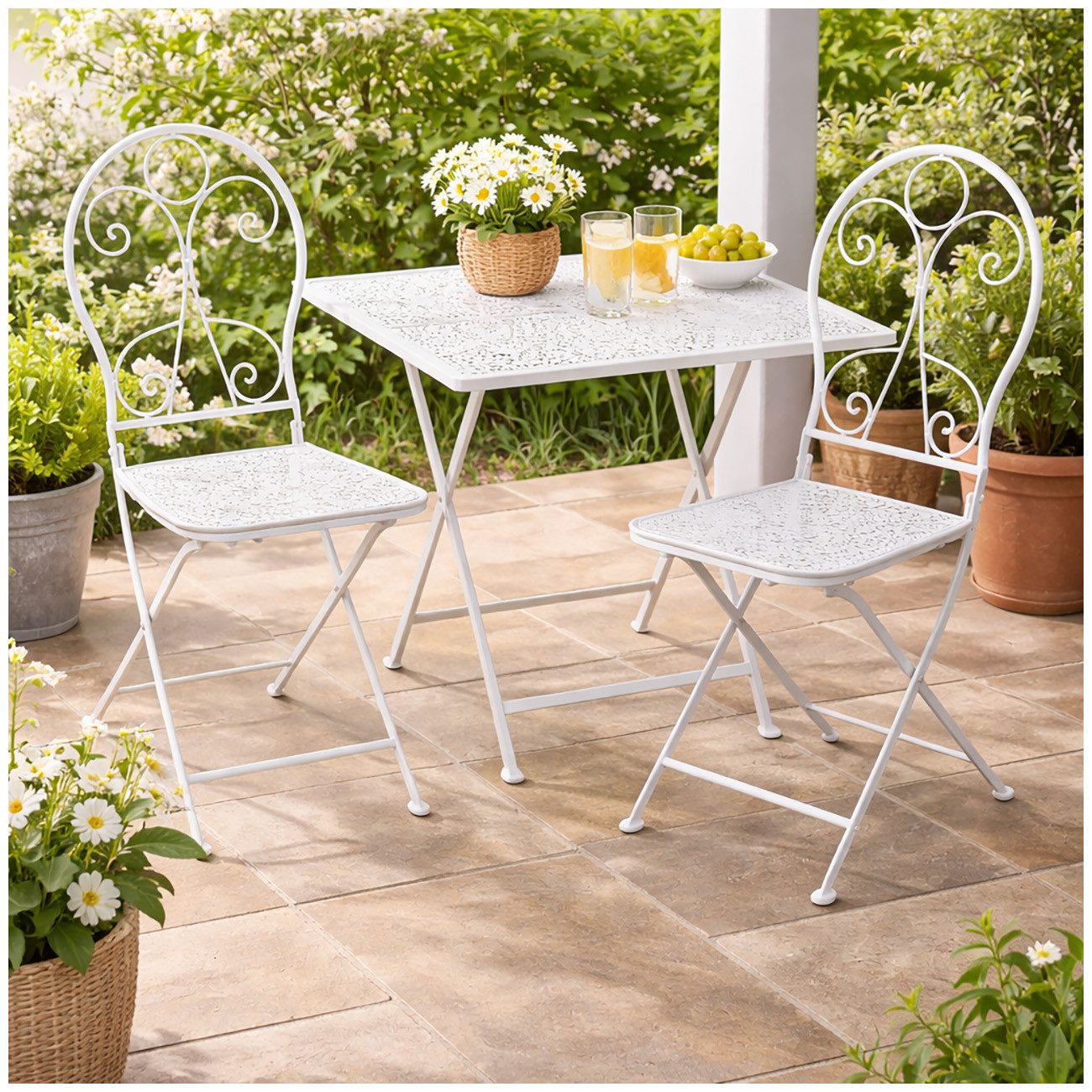 HTI-Living Garten-Essgruppe Tischgruppe Solea Weiß, (Set, 3-tlg., 1 Gartentisch, 2 Gartenstühle)