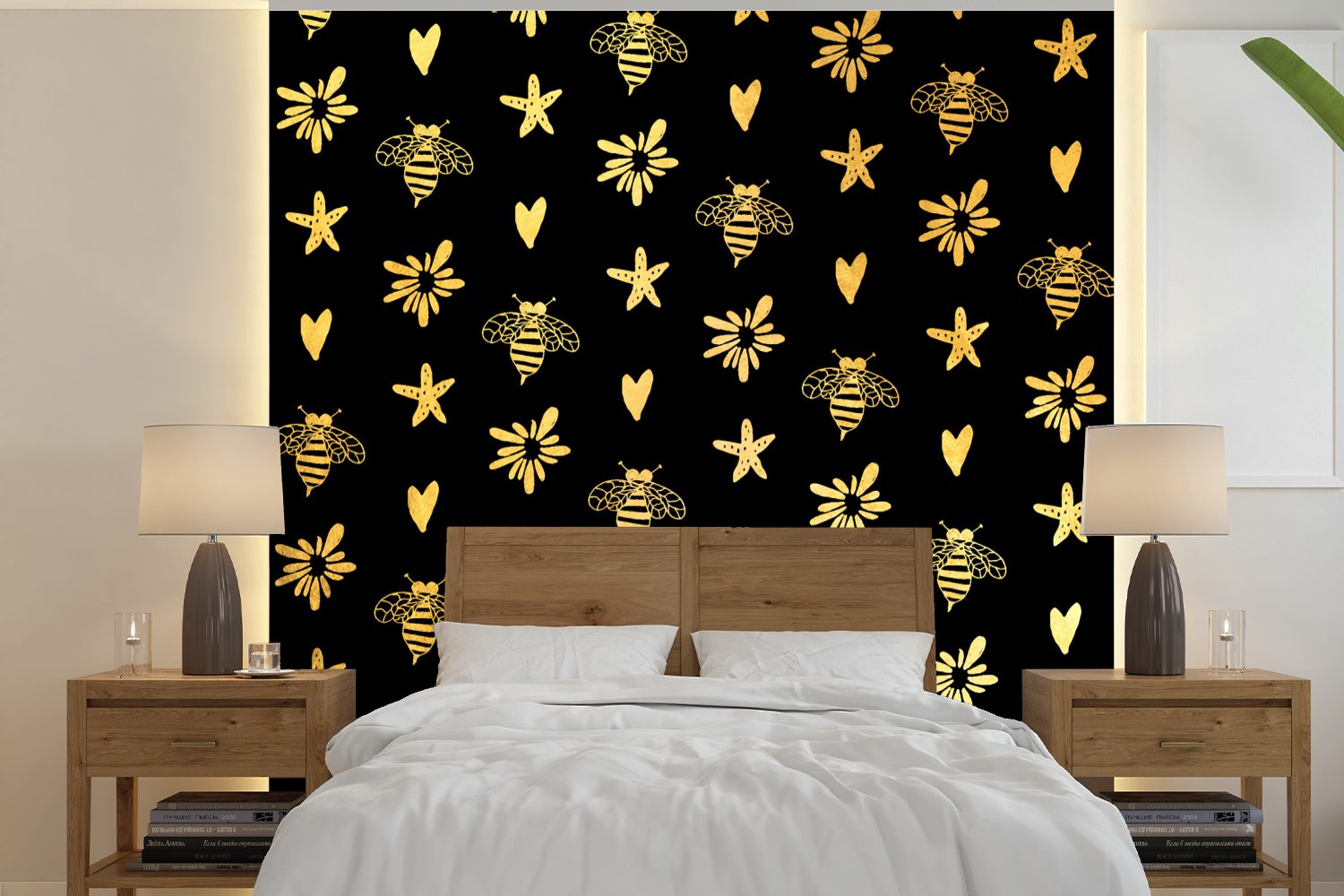Muster, (5 St), - Wandtapete Wohnzimmer Schlafzimmer, Fototapete für bedruckt, oder Tapete Vinyl Matt, Biene MuchoWow - Gold
