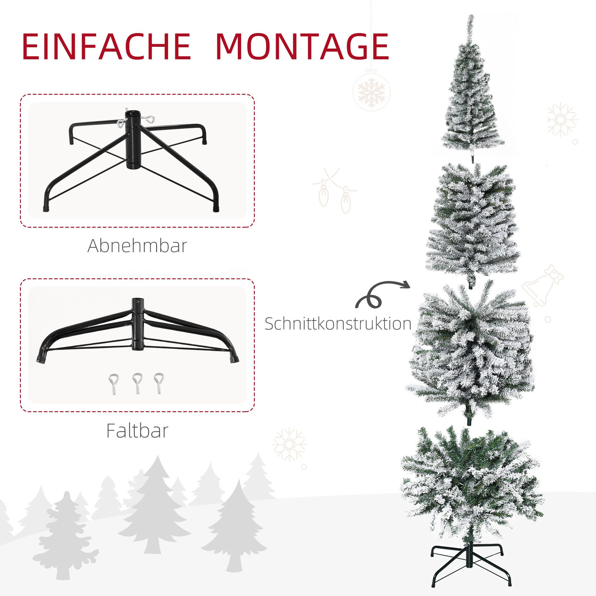 HOMCOM Künstlicher Weihnachtsbaum 180 cm Bleistift Kiefernbaum mit Schnee, 738 Spitzen, beflockt, Künstlicher Weihnachtsbaum, Weihnachtsdeko inkl. Metallständer für drinnen
