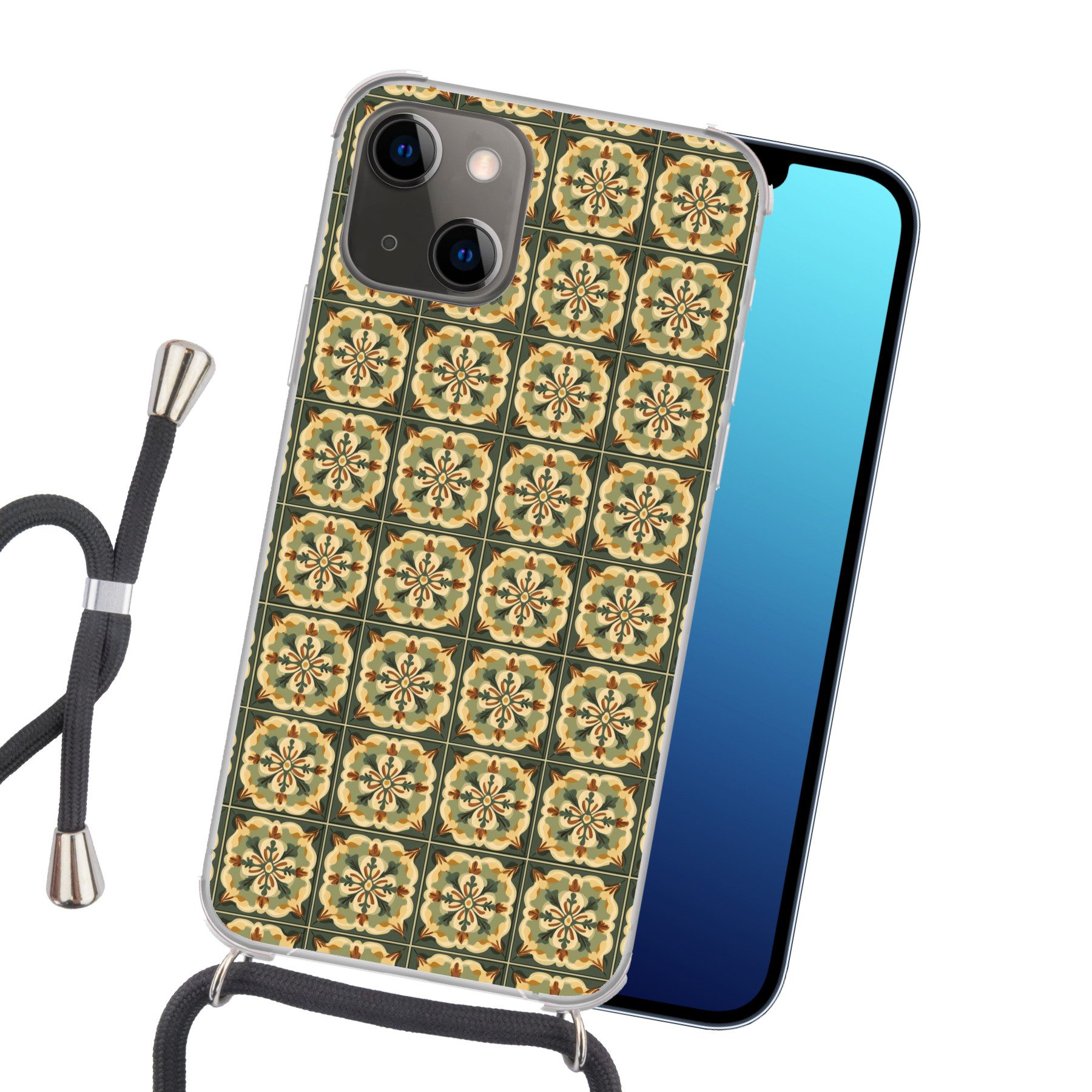 MuchoWow Handyhülle für Apple iPhone 13 Mini Ornament - Muster - Grün, Tragbare Handyhüllen mit Kette zum umhängen, Handykette Handyband