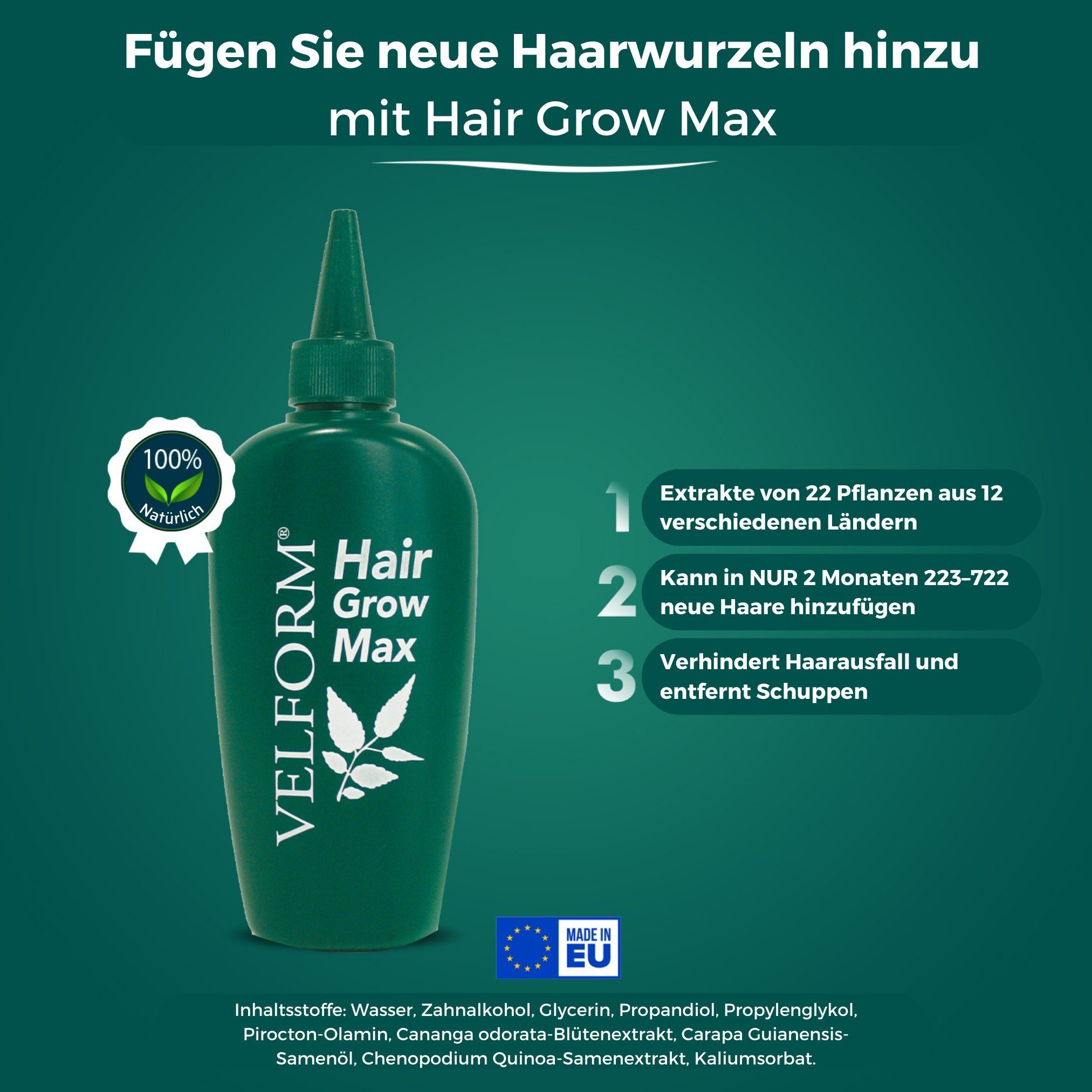 Velform® Haarkur Hair Grow Max Haarwasser, Spar-Set, 1-tlg., 1er oder 3er Pack, Haarwuchsmittel aus 22 Pflanzen mit natürlichen Inhaltsstoffen