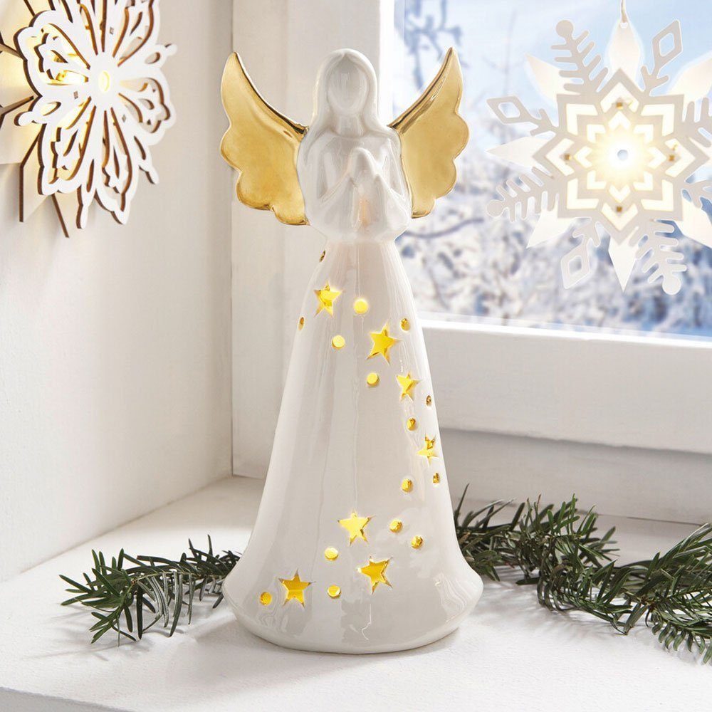 Home-trends24.de LED-Dekofigur Engel Figur Deko Weihnachten Weiß Gold Batterie Porzellan
