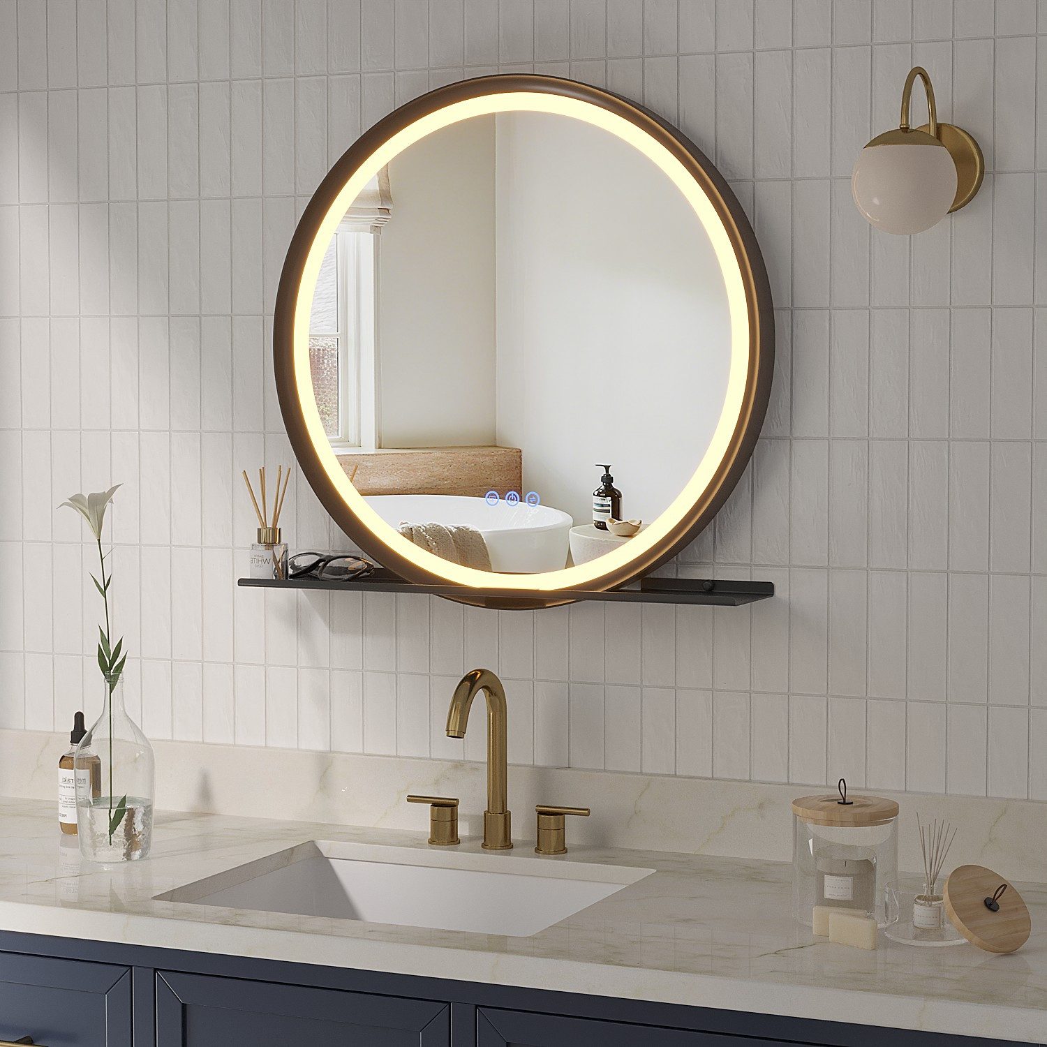 AQUABATOS Badspiegel Rund Badspiegel mit Beleuchtung Wandspiegel Lichtspiegel mit Ablage, 60 cm Badezimmerspiegel mit Rahmen,Beschlagfrei,3 Lichtfarbe,Dimmbar