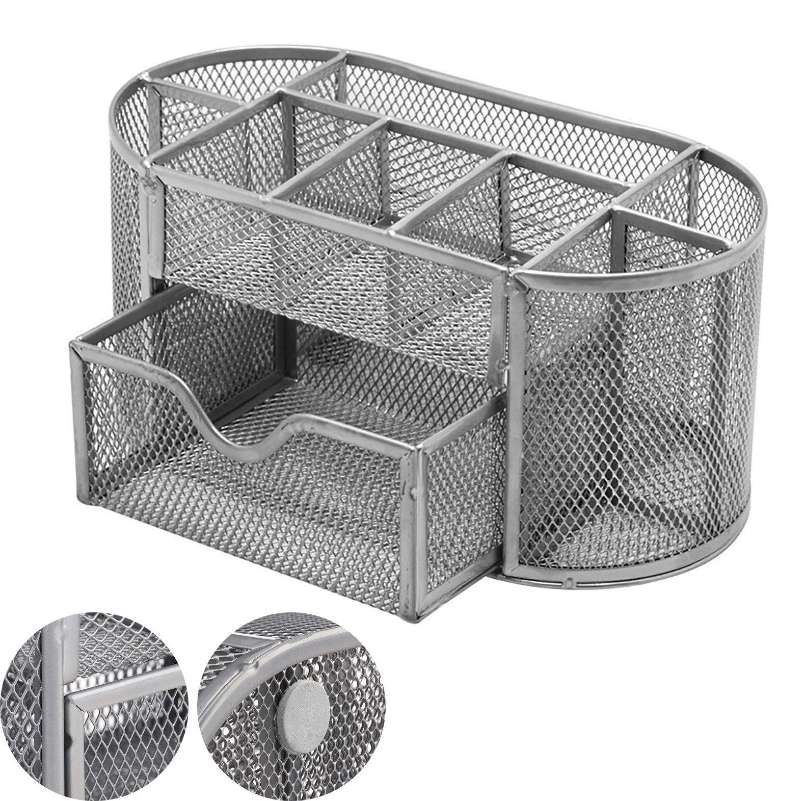 MODFU Organizer Schreibtisch Organizer Stifthalter Schreibtischorganizer Mesh Metall (Desk-Organizer mit 8 Fächer und 1 Schublade, 1 St., Platzsparendes Büro-Organizer Große Kapazität), Büro Schule Schreibtisch Bleistift Stifte Hefter Schreibwaren Lagerung