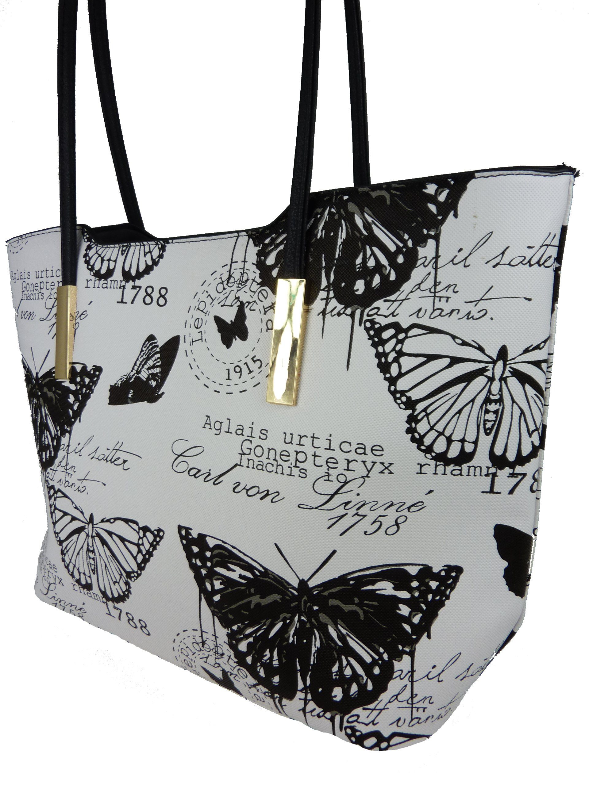 1803, Damen Motive, schwarz Butterfly Shopper Sommertasche lange retro Stil, große im Vintage Henkel Taschen4life Schmetterling Henkeltasche mehrfarbig