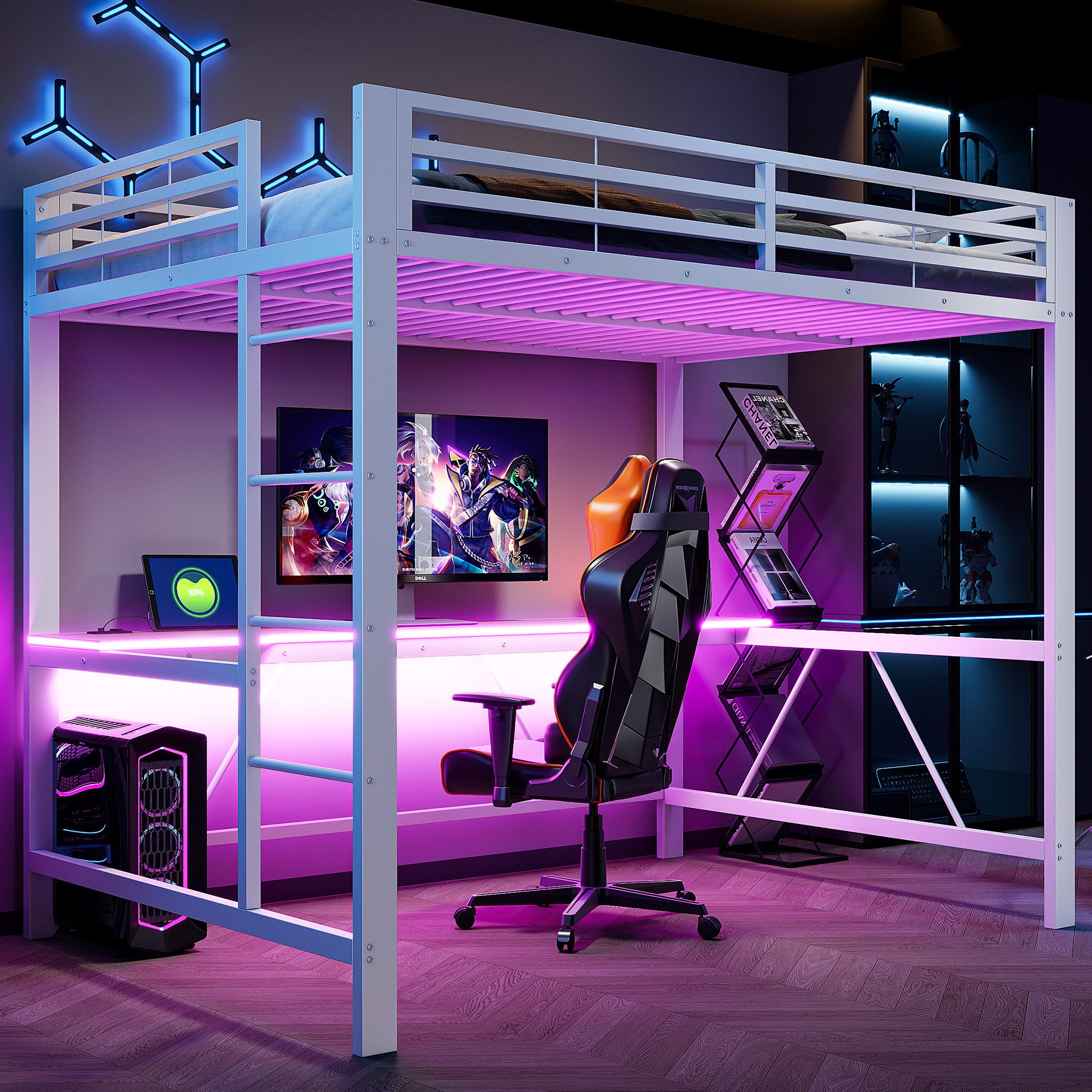 Flieks Hochbett Gamingbett Metallbett 140x200cm mit Schreibtisch und Ladefunktion