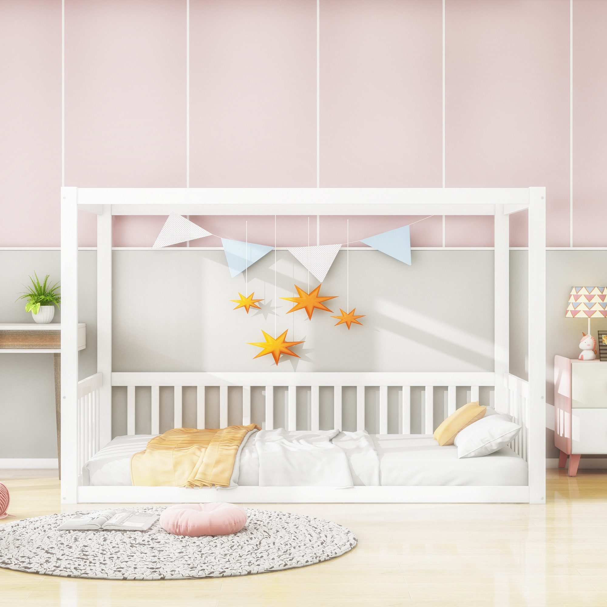Flieks Kinderbett, Einzelbett Bodenbett 90x200cm ohne Lattenrost mit Rausfa günstig online kaufen