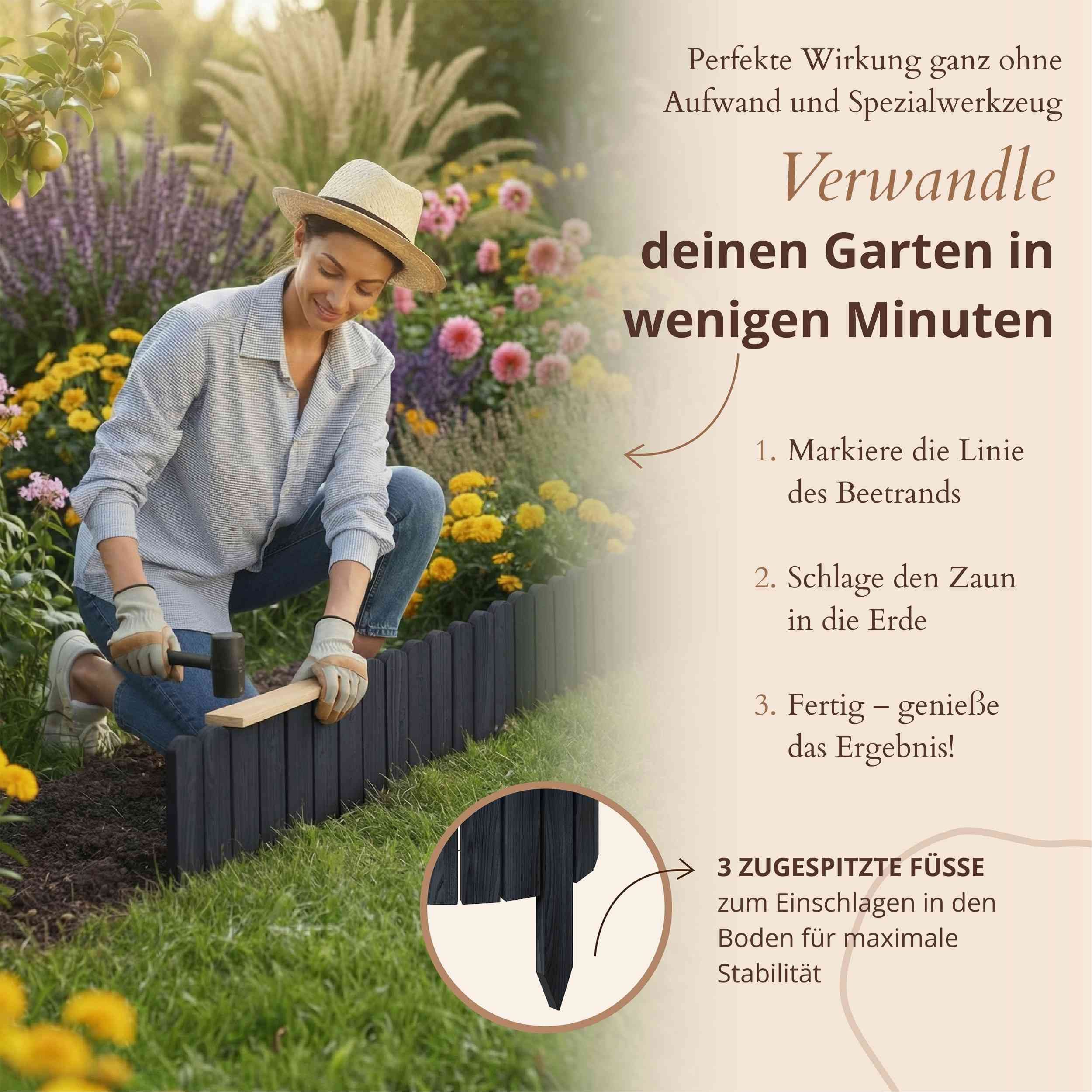 Floranica Beetbegrenzung Flexible Rasenkante Rollborder Beeteinfassung Beetumrandung Holzzaun, LxH: 100x10 cm, 1 Stk., Anthrazit, für Garten, Baum, Hochbeet und – Bild 5 von 5