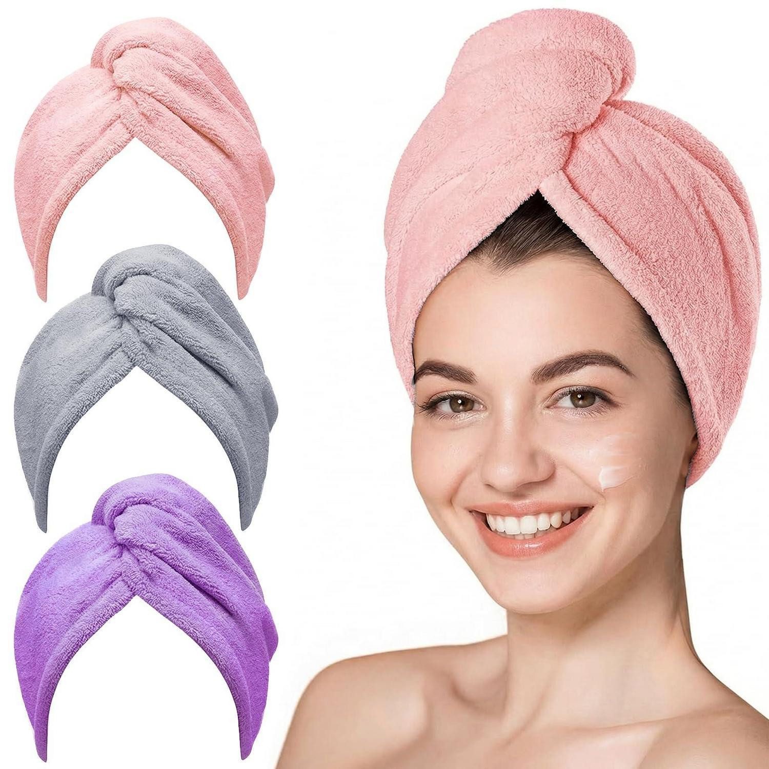 LuxusKollektion Turban-Handtuch Haarturban 3er Set Mikrofaser Knopf Grau Rosa Lila