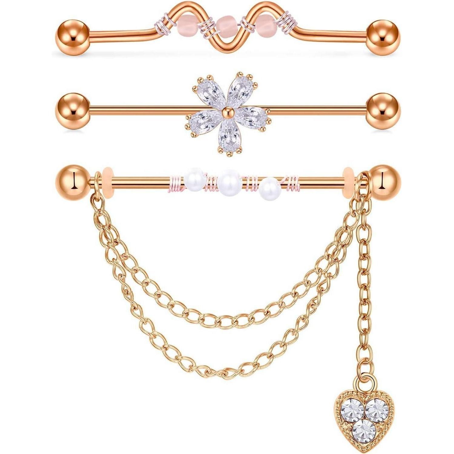 LuxusKollektion Piercing-Set Piercing Bar 14Gauge Chirurgenstahl Knorpel Silber Set Rosegold