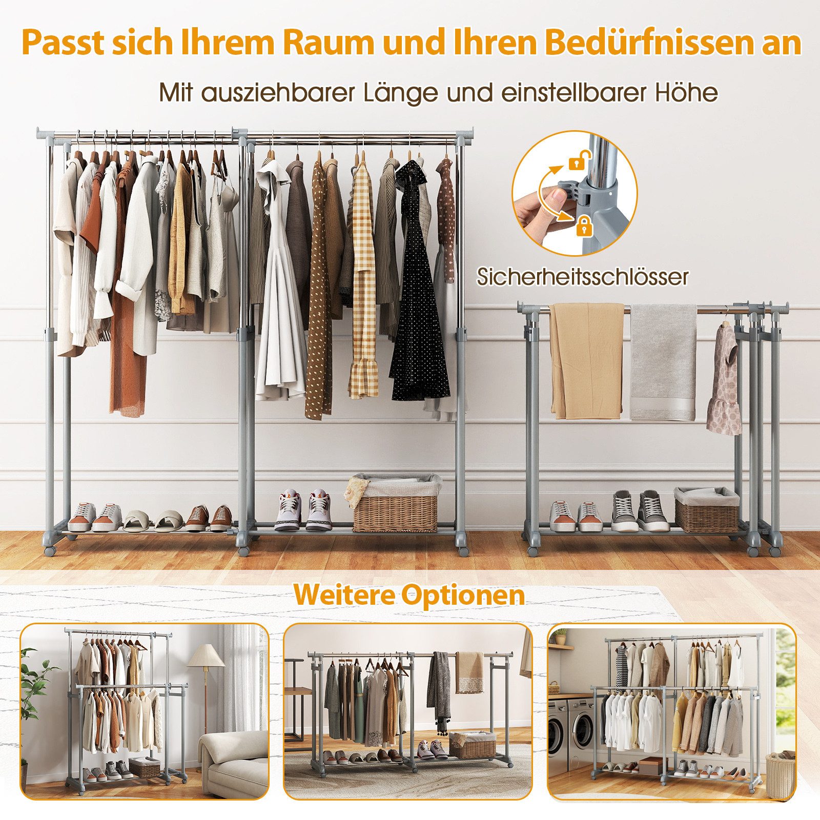 COSTWAY Kleiderständer, 2 Kleiderstangen mit ausziehbarer Höhe & Breite auf Rollen