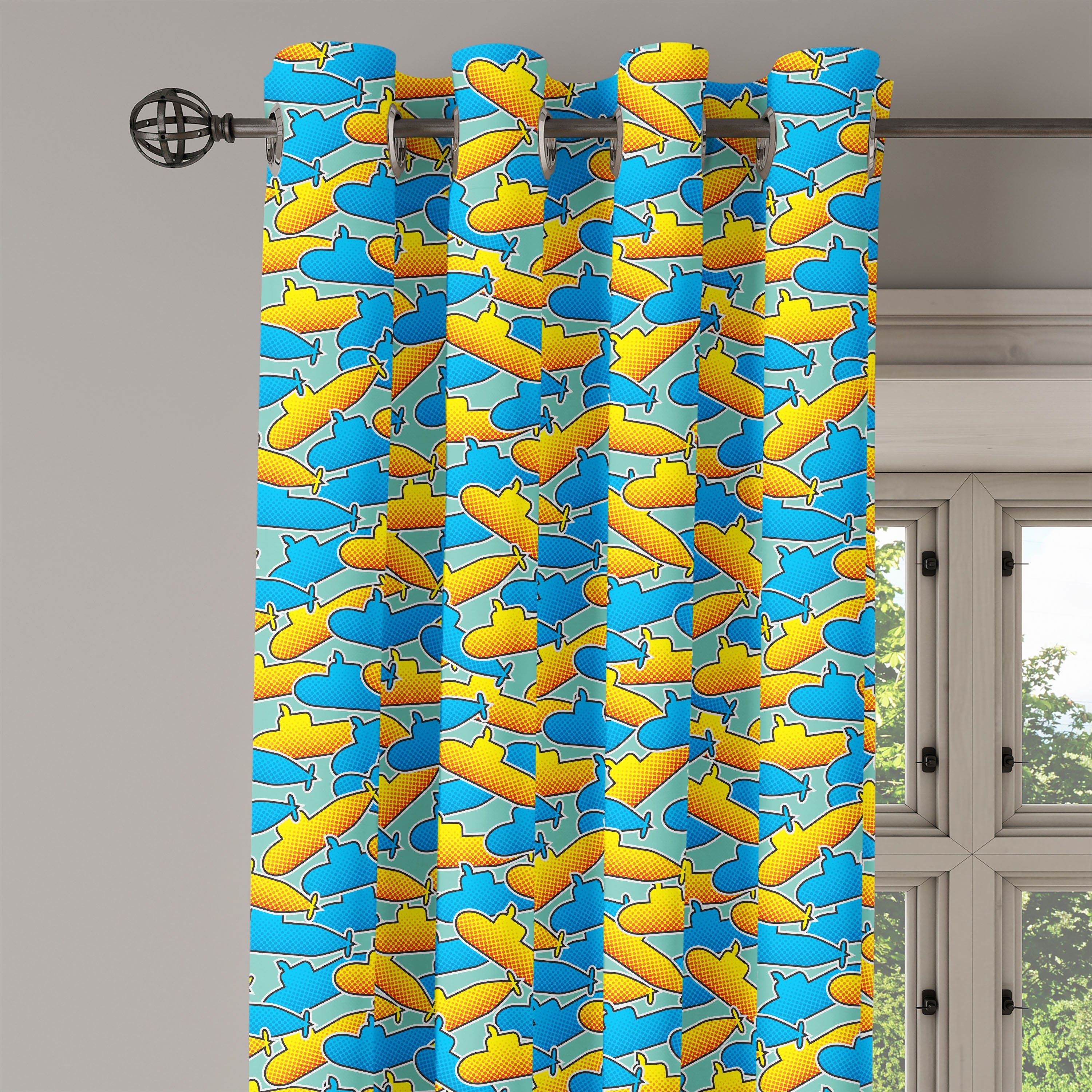 Dekorative U-Boot Gardine für Wohnzimmer, Pop-Art-Stil Abakuhaus, Schlafzimmer 2-Panel-Fenstervorhänge Gelbes