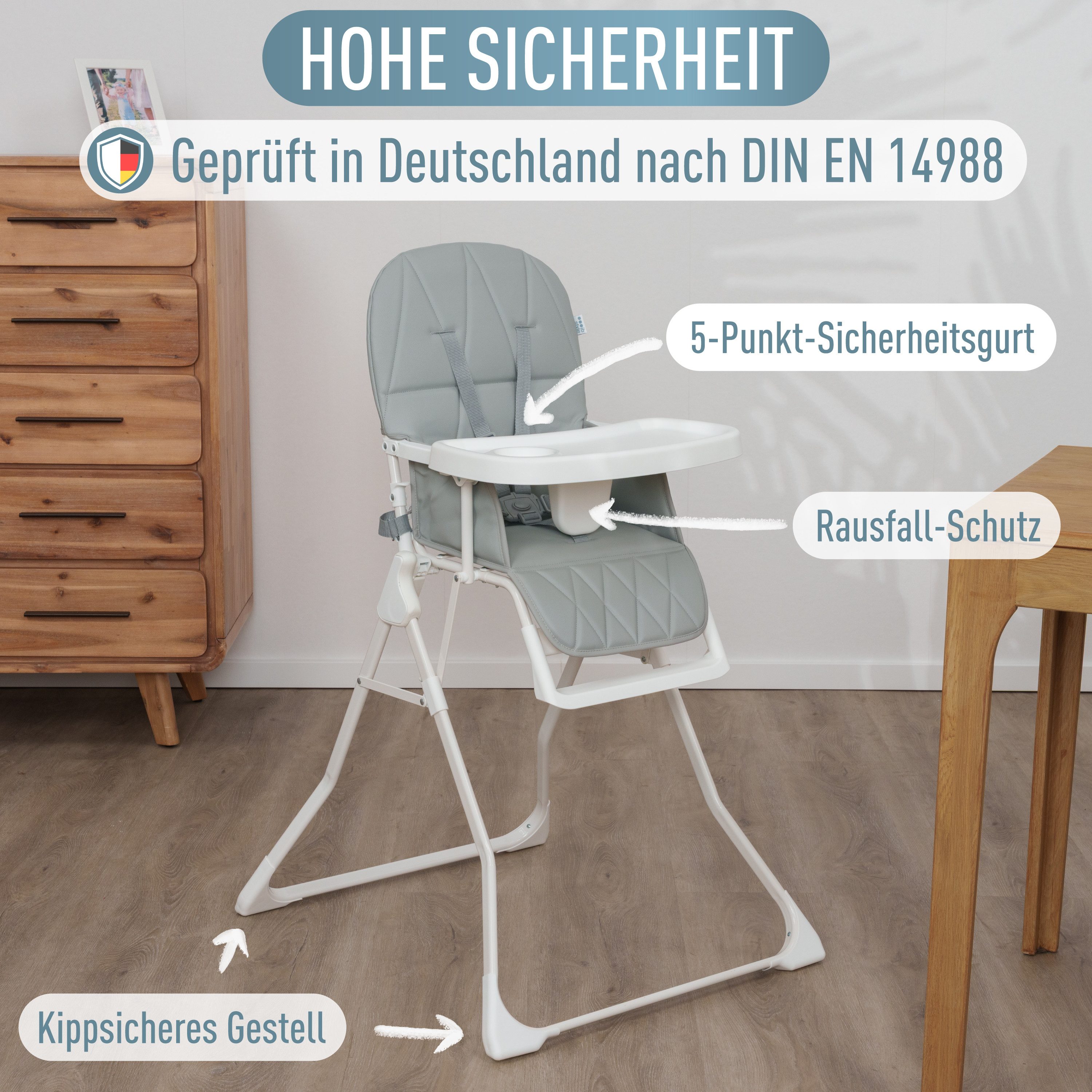 ib style Hochstuhl Baby Leno, Kinderhochstuhl Klappbar & Mitwachsend mit Gurt (Platzsparend klappbar, Weiche Polsterung, 5-Punkt-Gurt, Rutschsicherung, Mitwachsend, Leicht & mobil, Pflegeleicht & hygienisch)