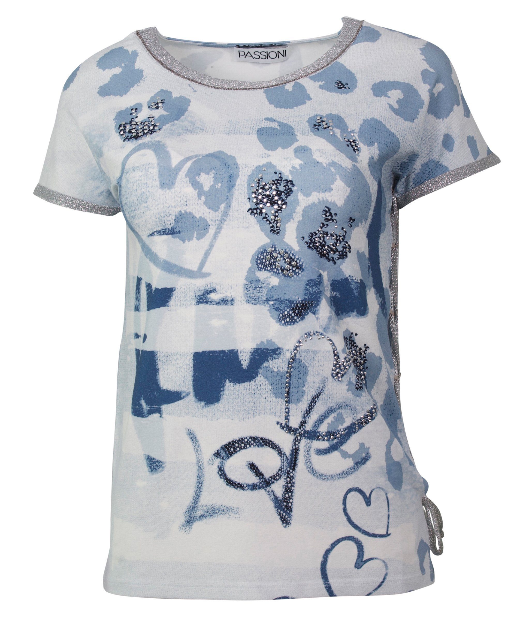 Passioni Print-Shirt Bedrucktes T-Shirt mit Lurexkante und Steindekoration T-Shirt mit Print