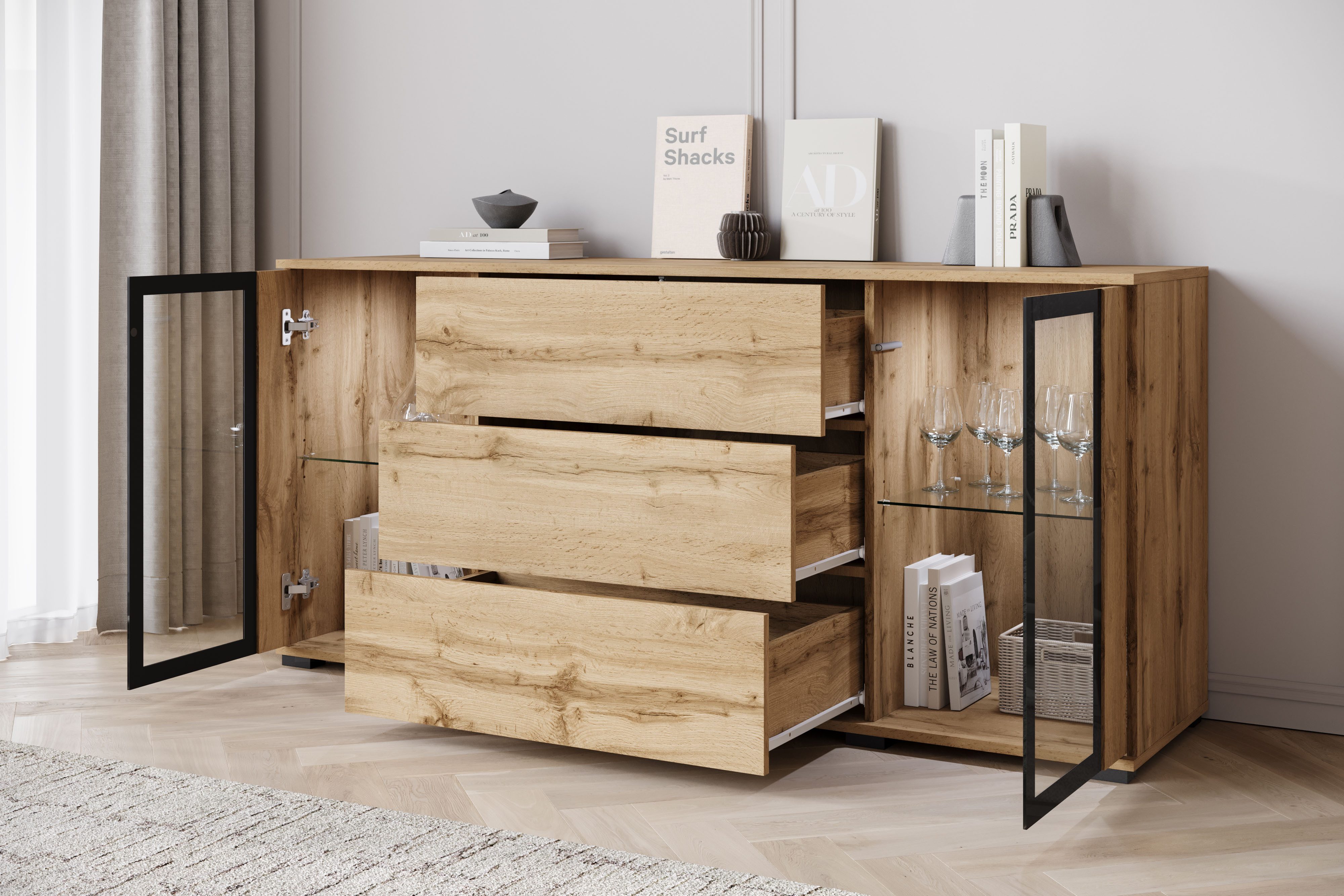 Home affaire Sideboard modernes Design mit Glaseinsätzen und 3 Schubladen, Breite 150 cm (1 St), Grifflose Fronten mit Push-to-Open, höhenverstellbare Einlegeböden