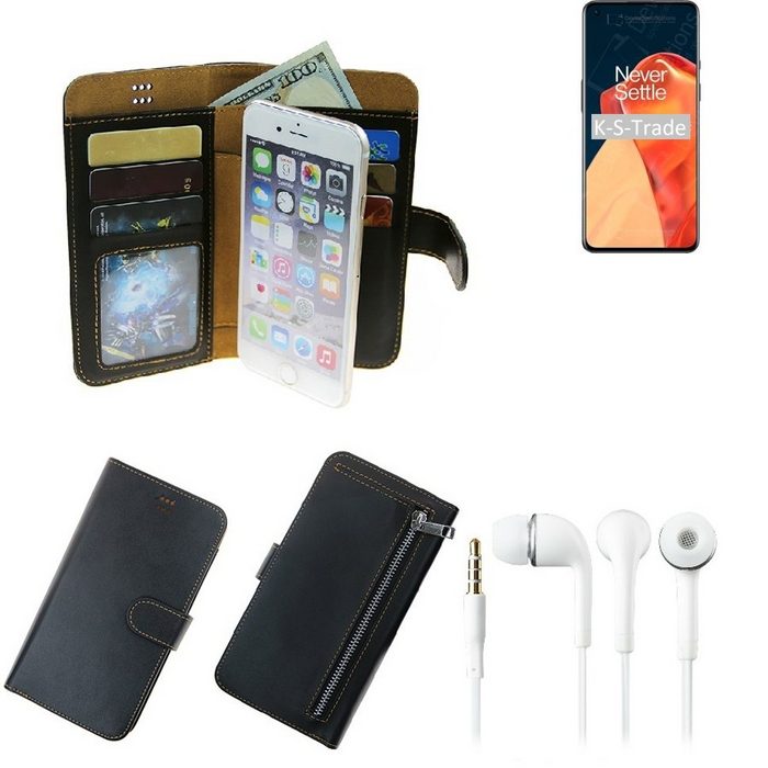 K-S-Trade Handyhülle TOP SET Handy Hülle Schutz Hülle kompatibel mit OnePlus 9 schwarz aus Kunstleder + Kopfhörer Smartphone Tasche vollwertige Geldbörse -