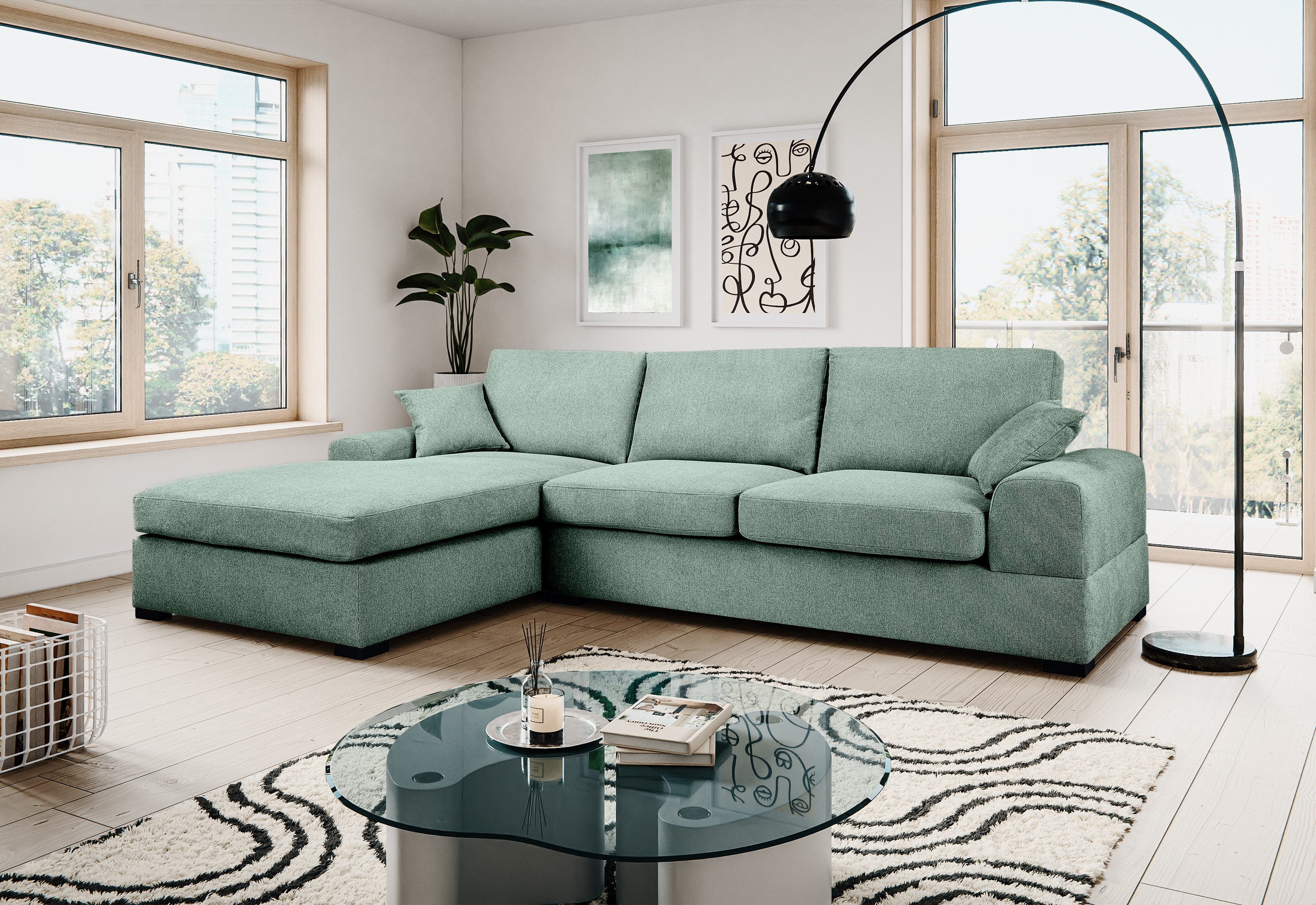 furnling Ecksofa Velia, inkl. Zierkissen 2 Teile, gemütliches Sofa in L-Form mit Strukturstoff, Breite 308 cm
