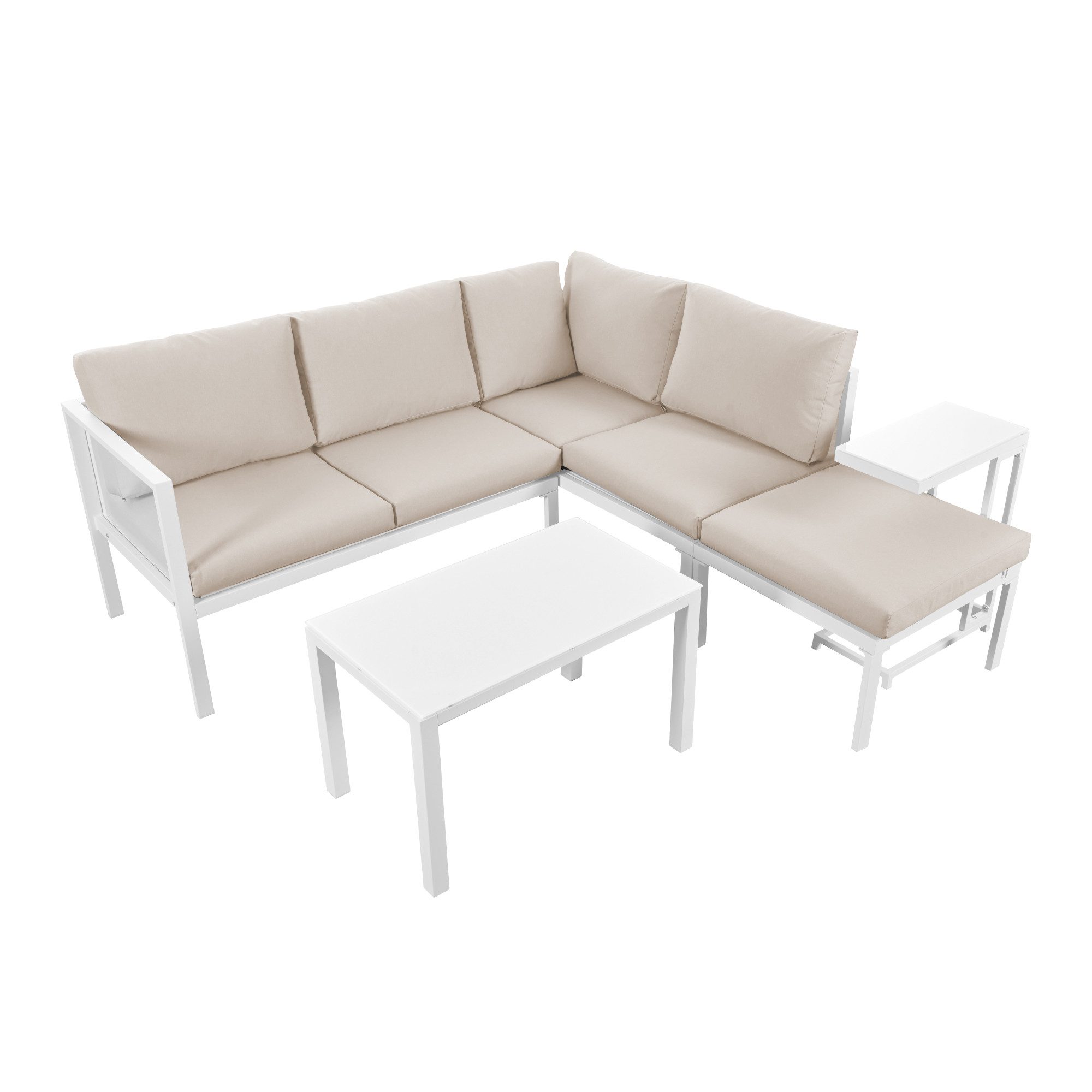 Tongtong Gartenlounge-Set 5er-Set Ecklounge Sessel-Set, Gartenmöbel für 6–8 Personen, (2 Ecksofas, 1 Fußhocker, 1 großem Esstisch und 1 Beistelltisch), Weiß